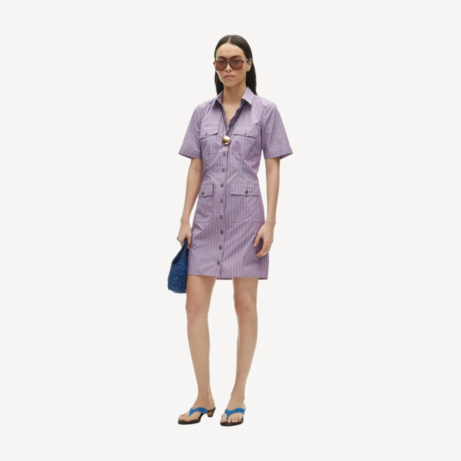 Utility shirt-dress in striped cotton poplin