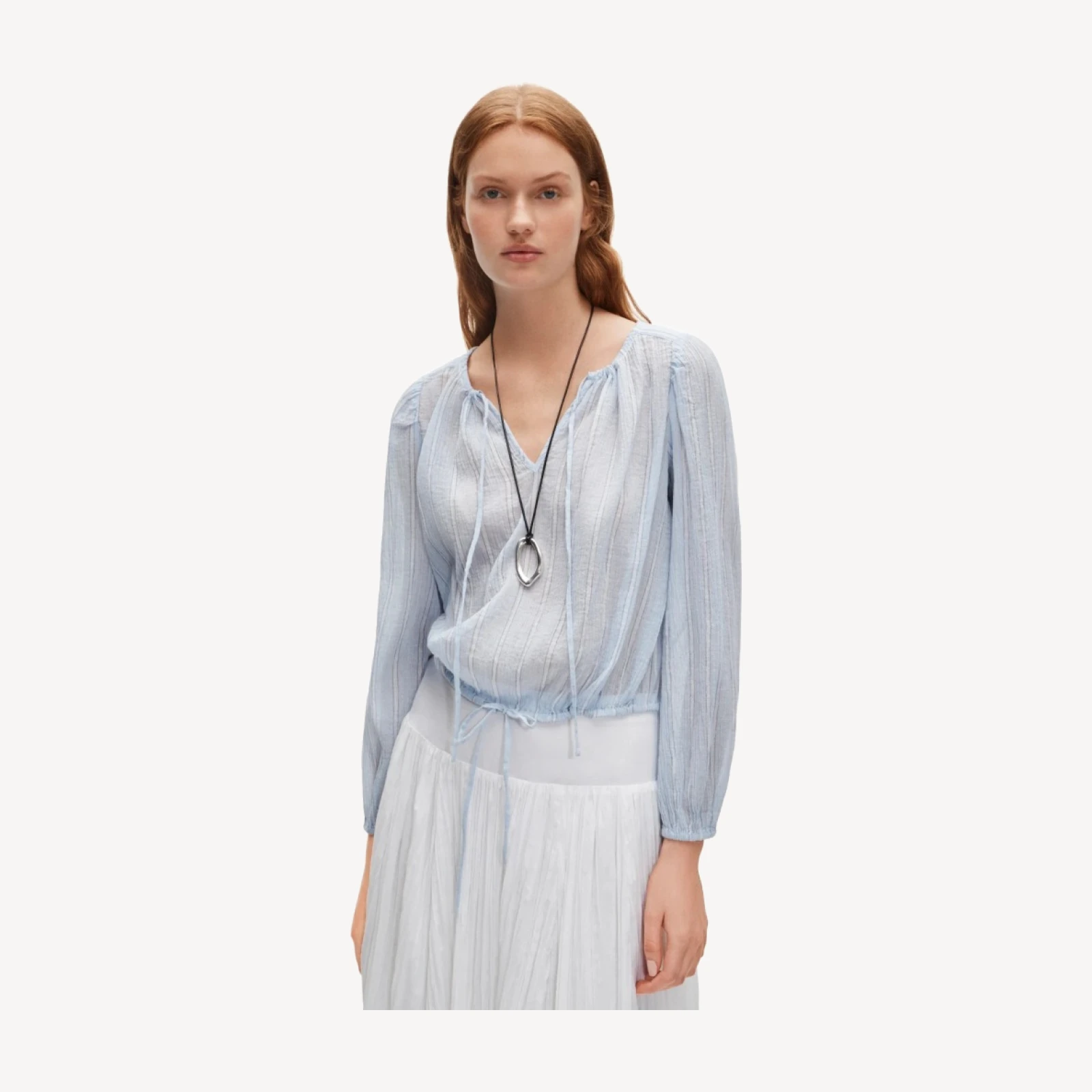 Drawstring-waist top in featherweight voile stripe
