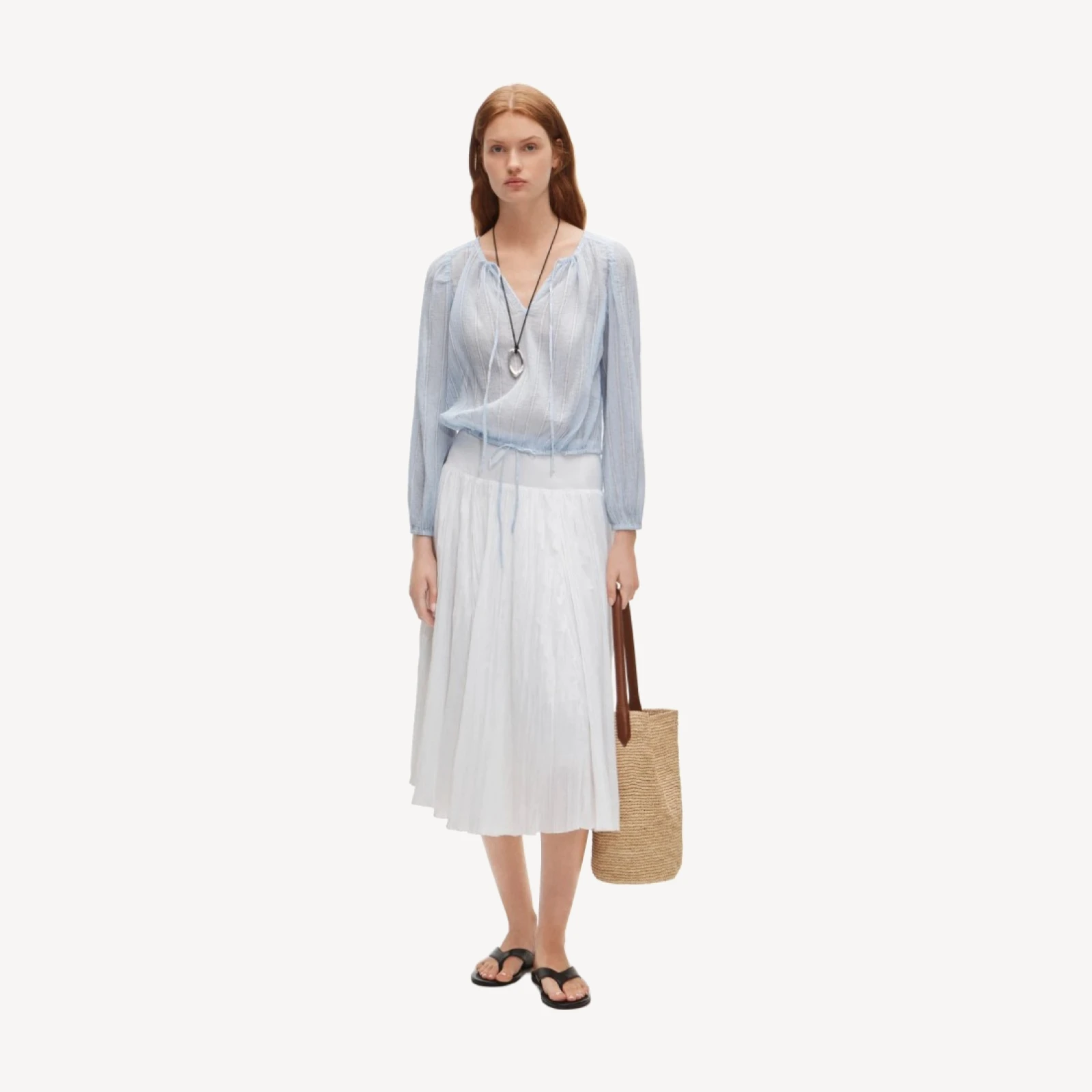 Drawstring-waist top in featherweight voile stripe