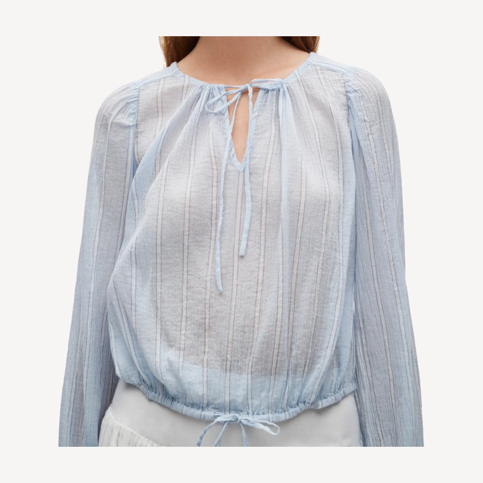Drawstring-waist top in featherweight voile stripe