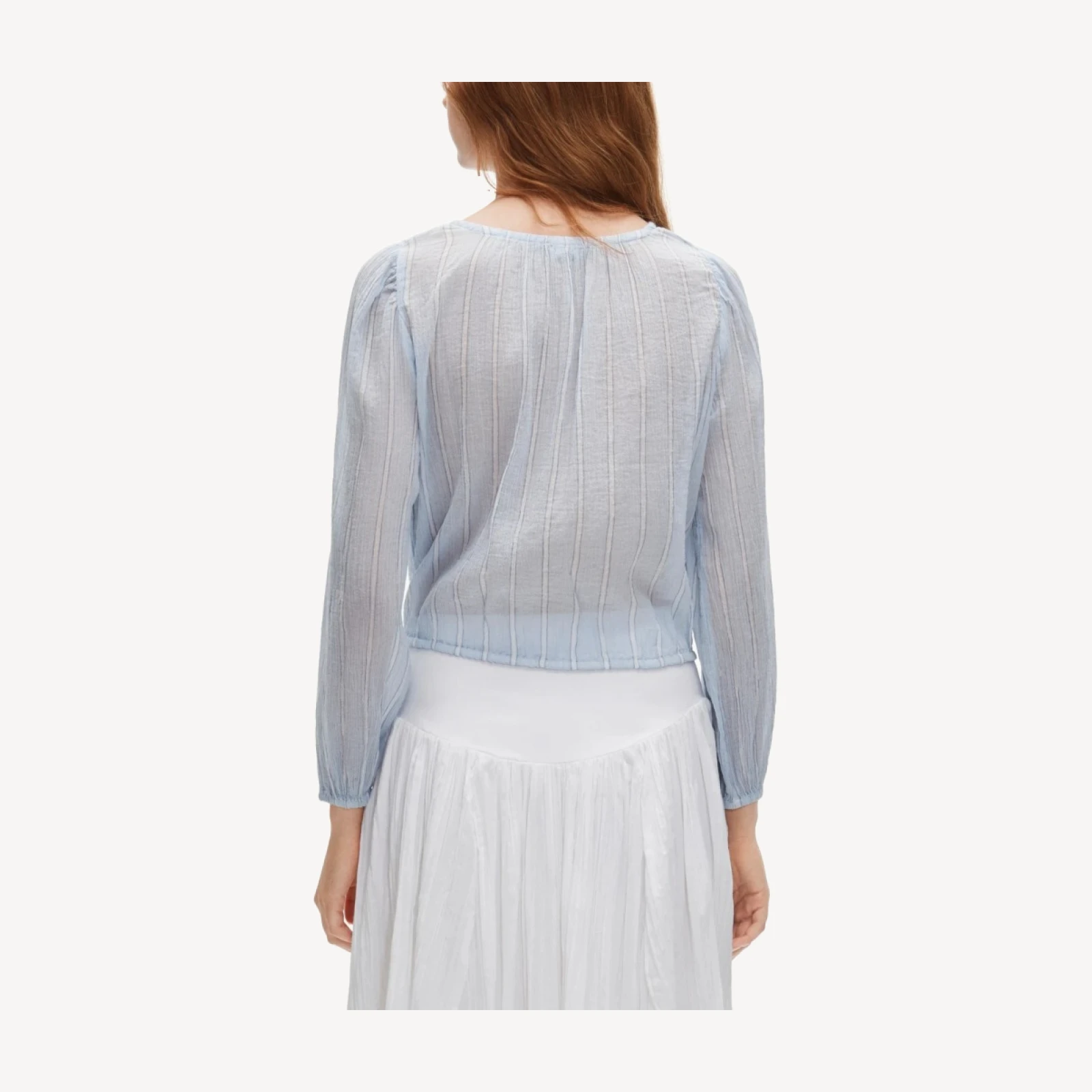 Drawstring-waist top in featherweight voile stripe