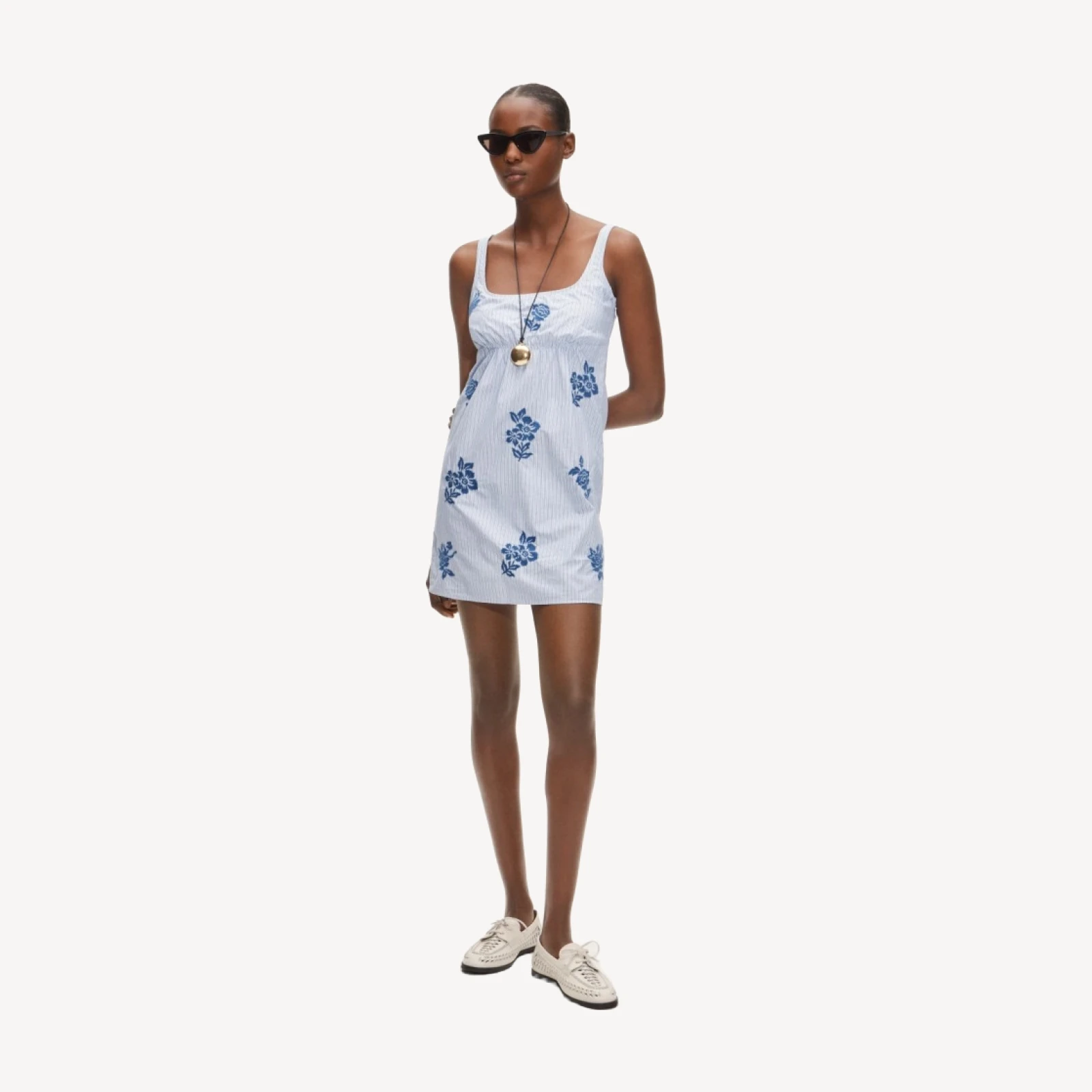 Scoopback mini dress in embroidered floral stripe