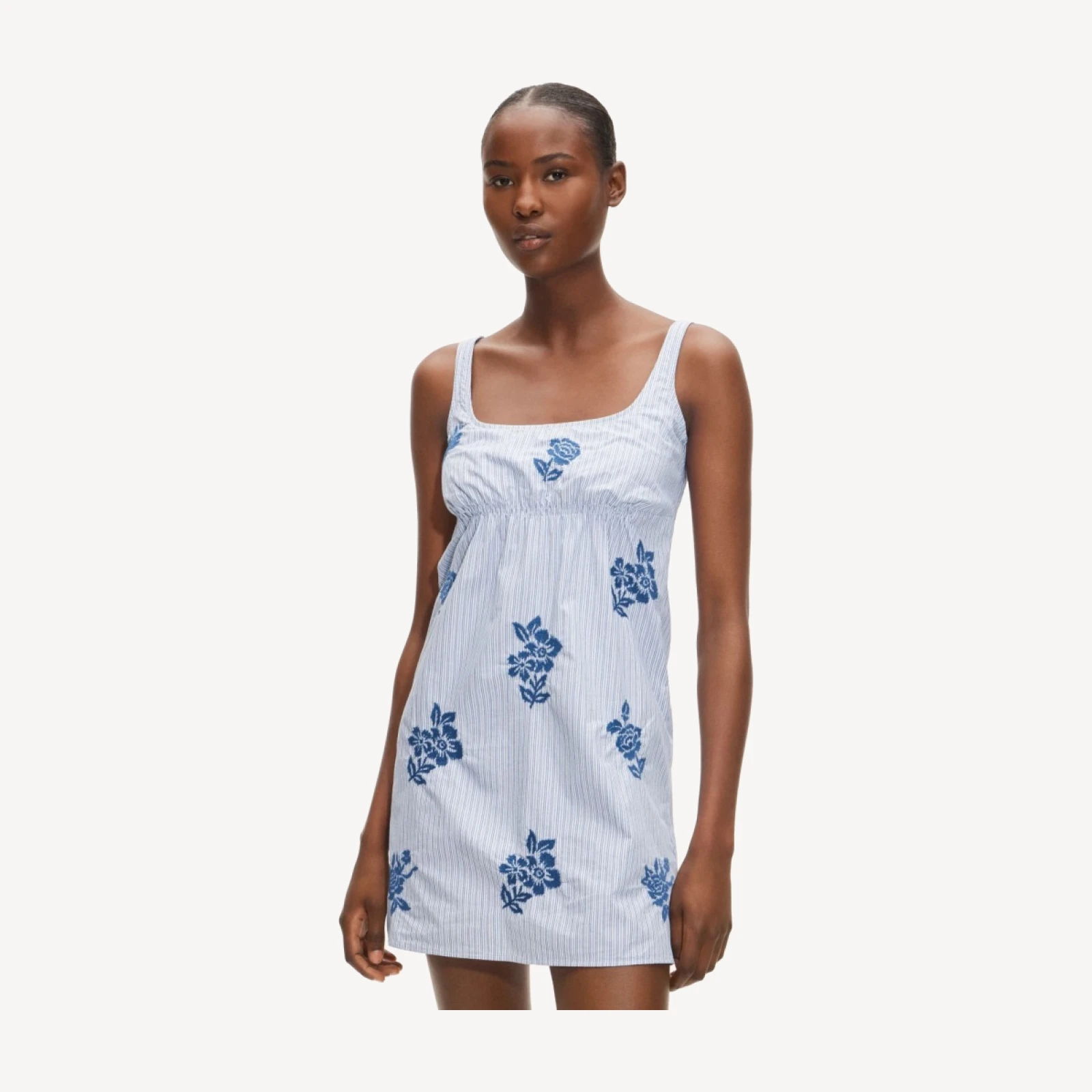 Scoopback mini dress in embroidered floral stripe