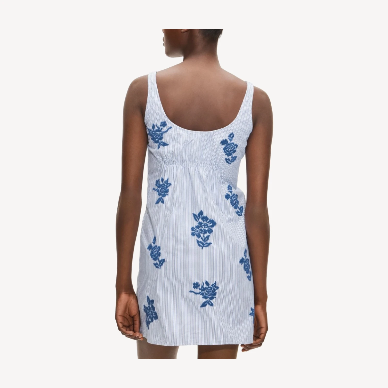 Scoopback mini dress in embroidered floral stripe