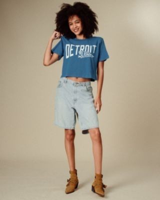 Junk Food Clothing Women's Nfl Detroit Lions Dual Threat Mock Neck Crop Tee