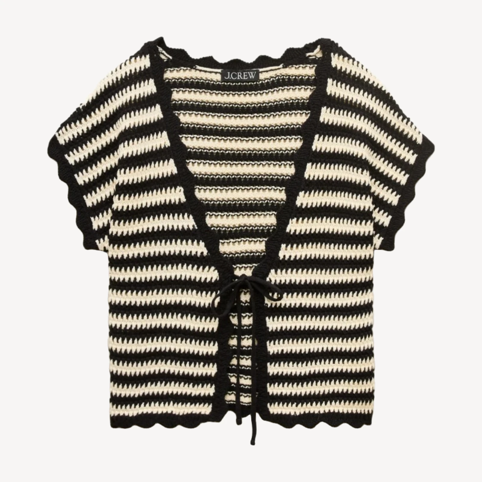 Scallop-trim tie-front crochet top in stripe