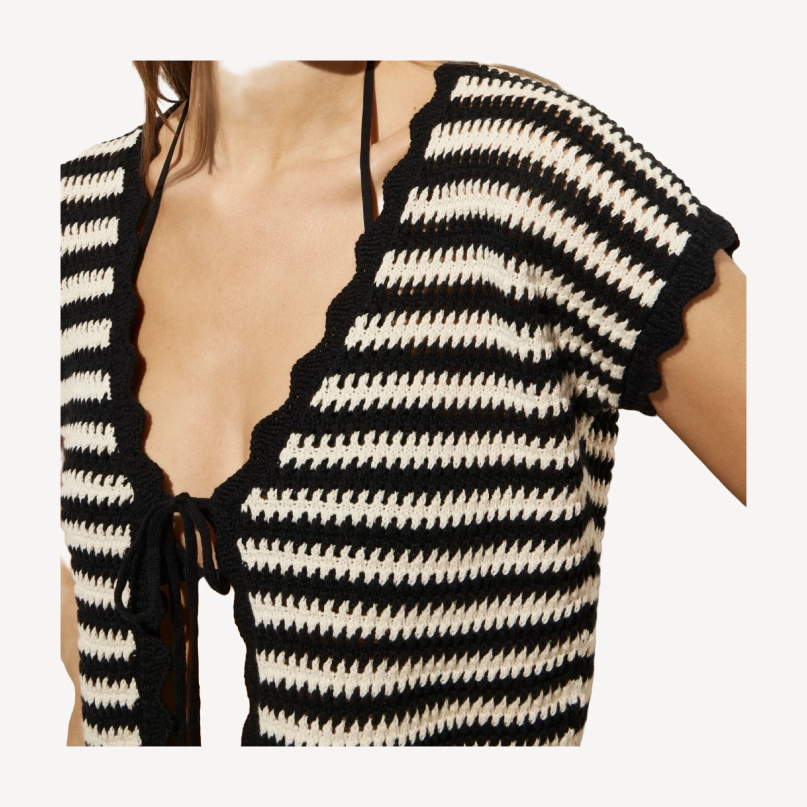 Scallop-trim tie-front crochet top in stripe