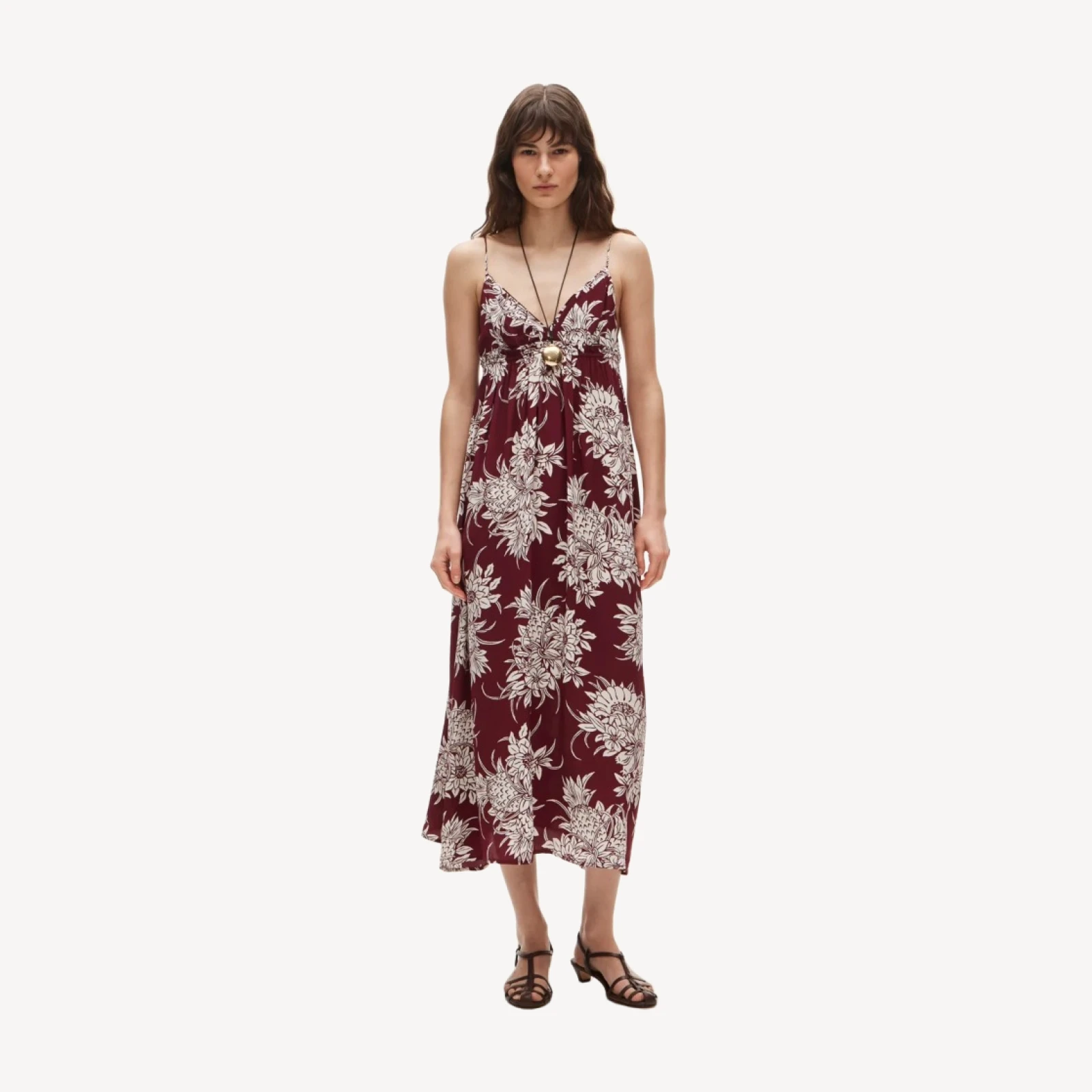 Empire-waist midi dress in pineapple garden-print crepe de chine