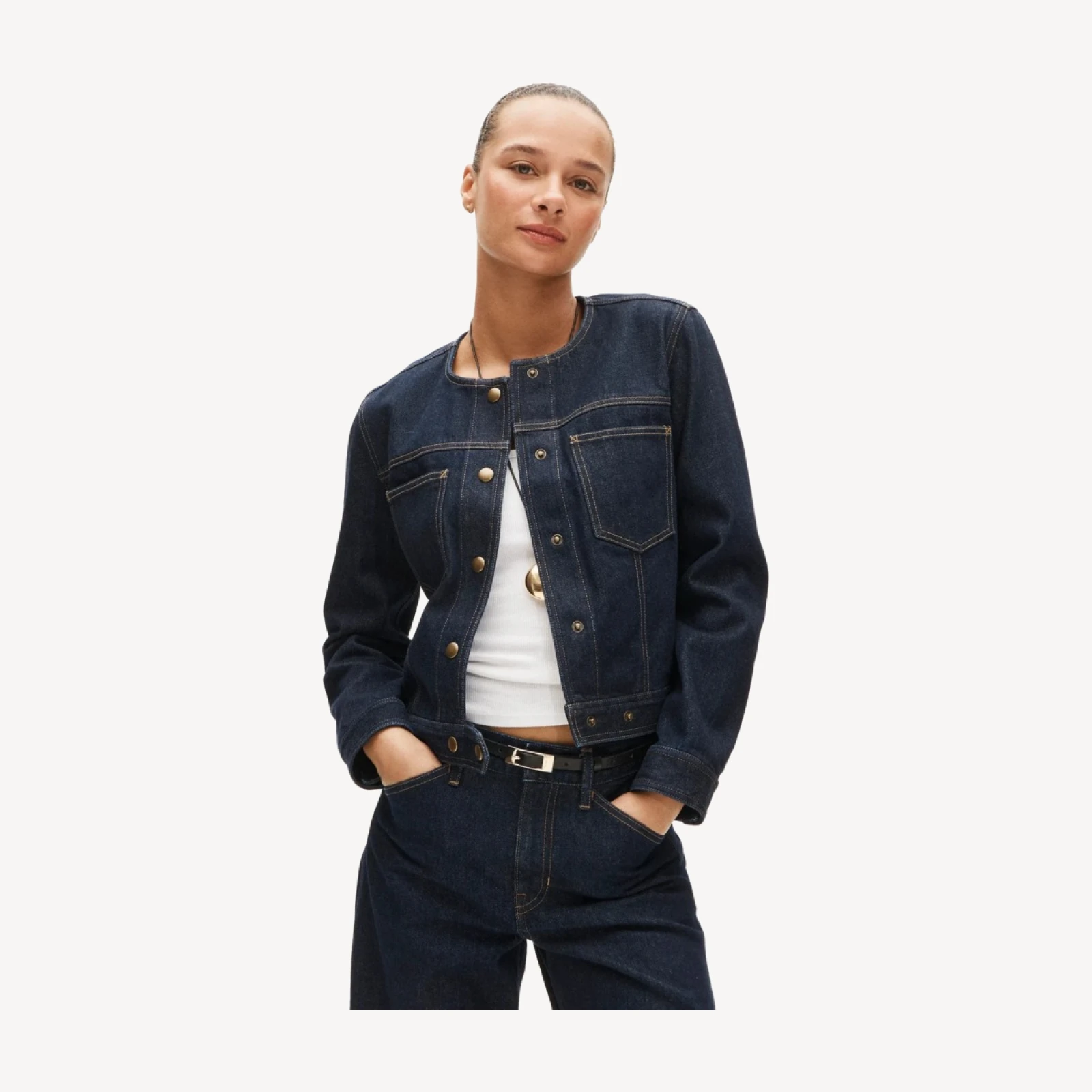 Collarless denim trucker jacket