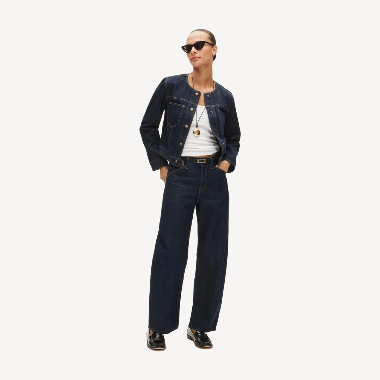 Collarless denim trucker jacket