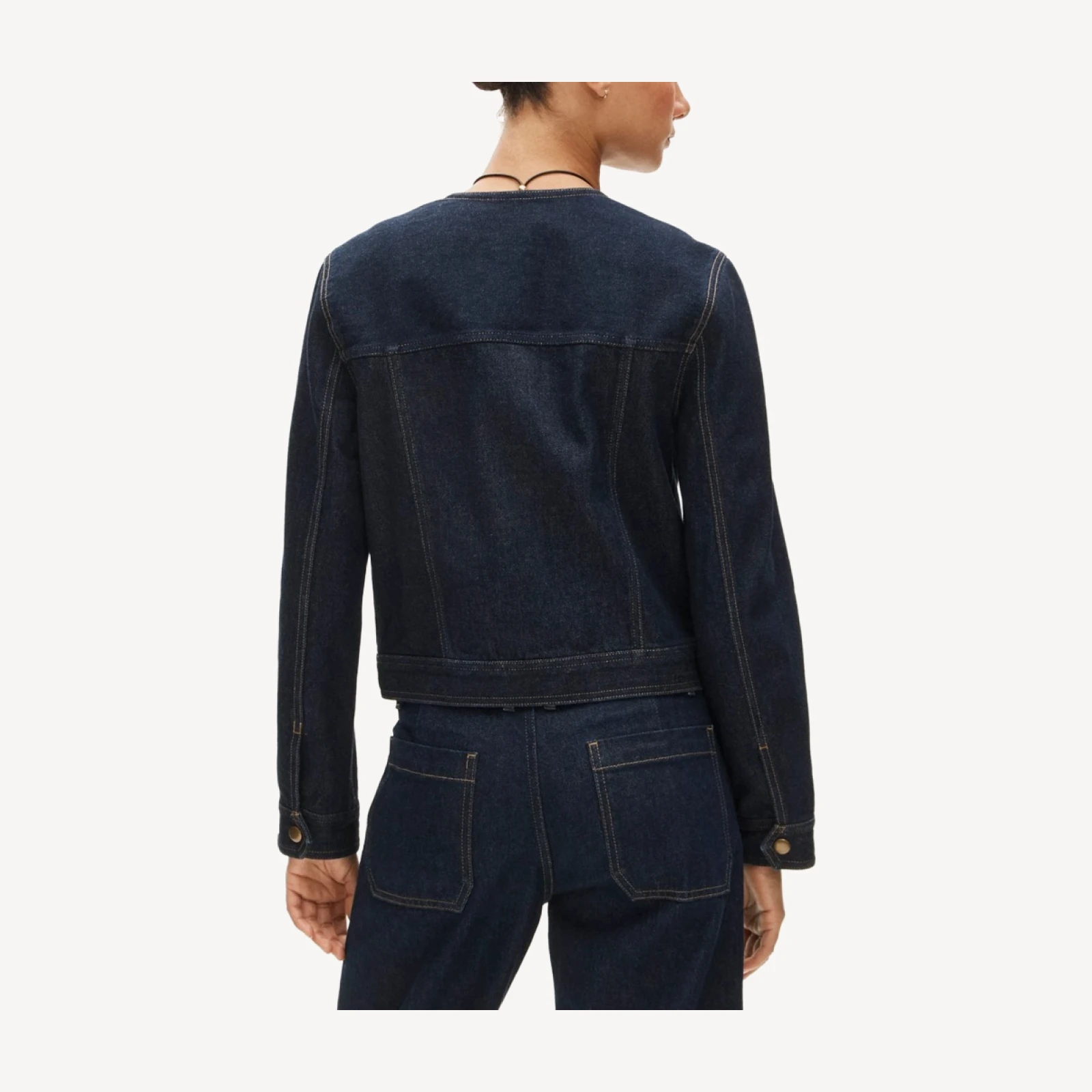 Collarless denim trucker jacket