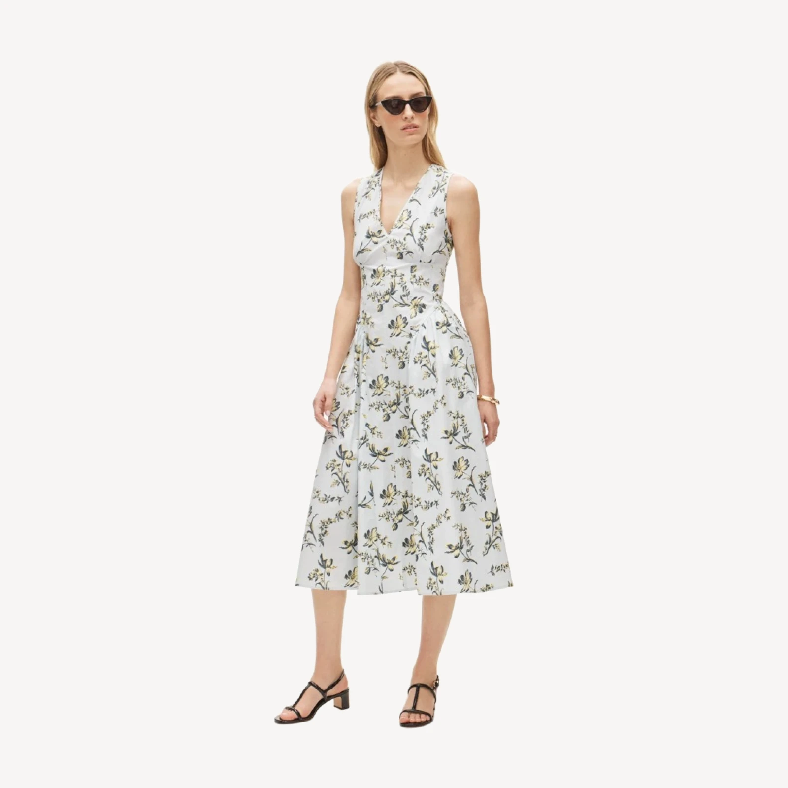 Tall V-neck dress in lotus-print cotton poplin