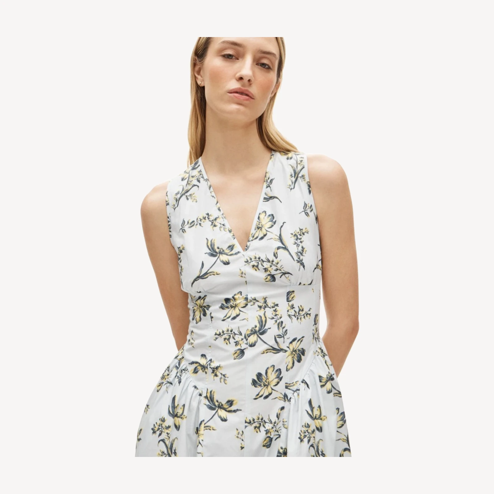 Tall V-neck dress in lotus-print cotton poplin