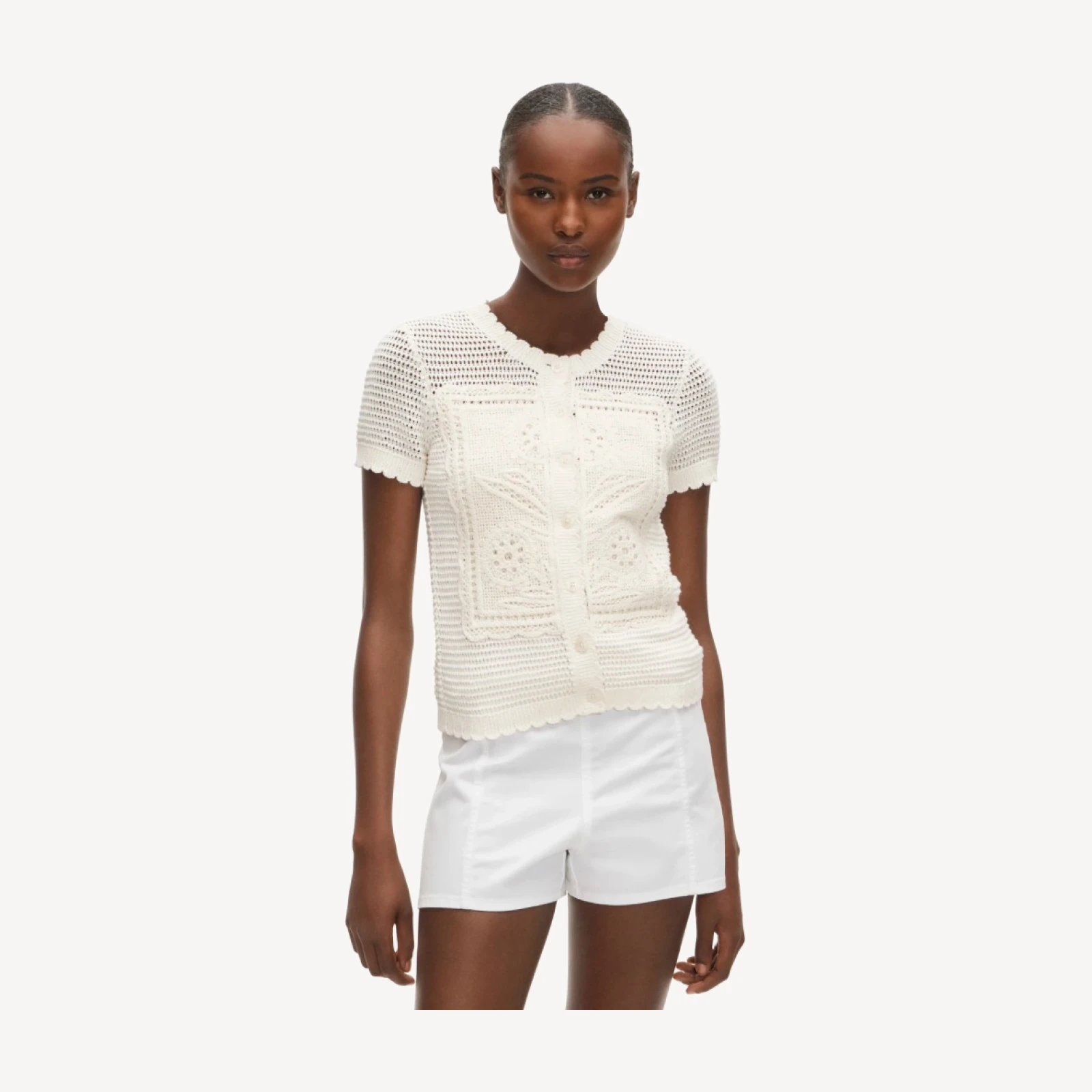 Short-sleeve crochet floral cardigan