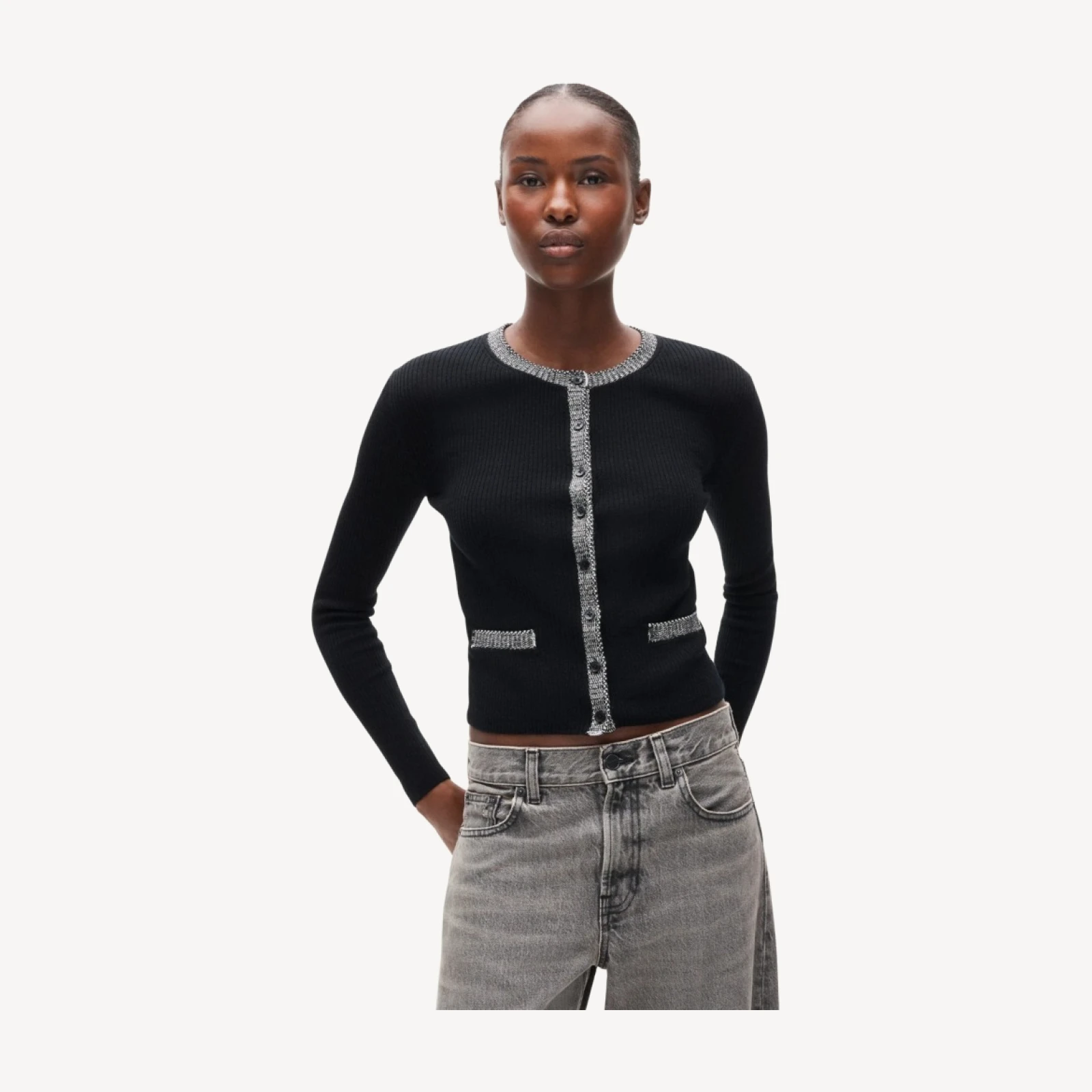 Crochet-trim cardigan in merino wool blend