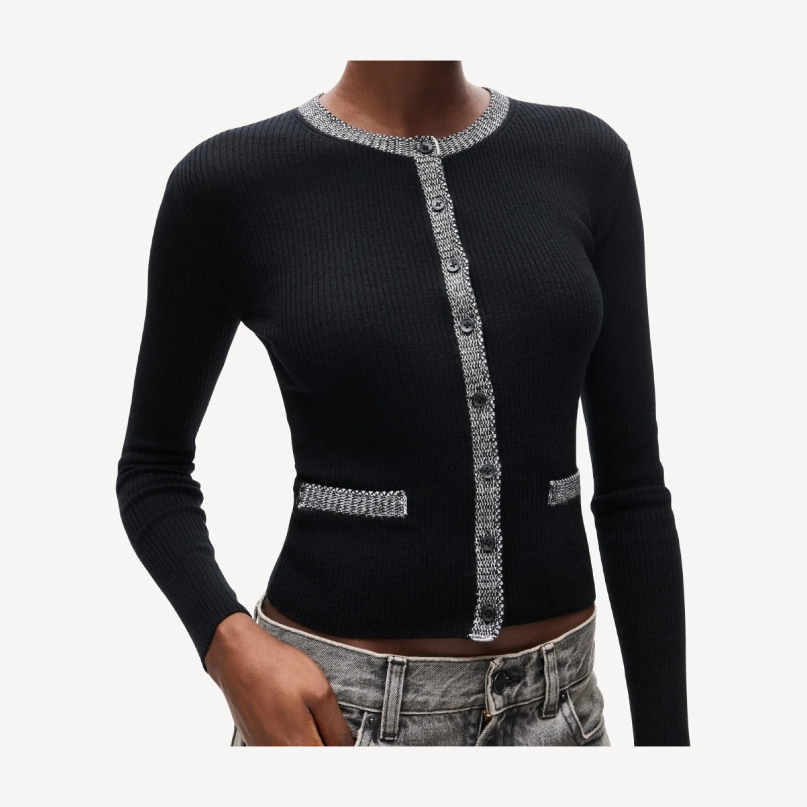 Crochet-trim cardigan in merino wool blend