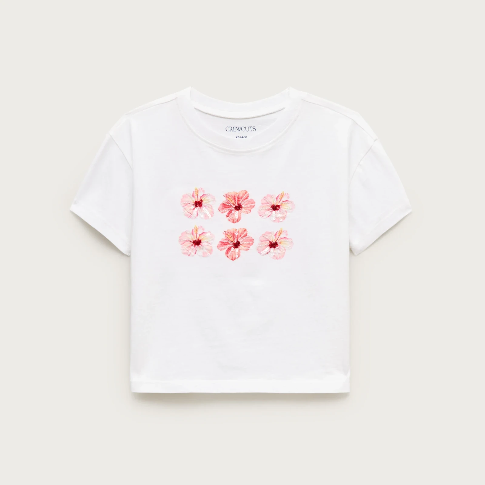 Girls' short-sleeve hibiscus graphic T-shirt with sequins