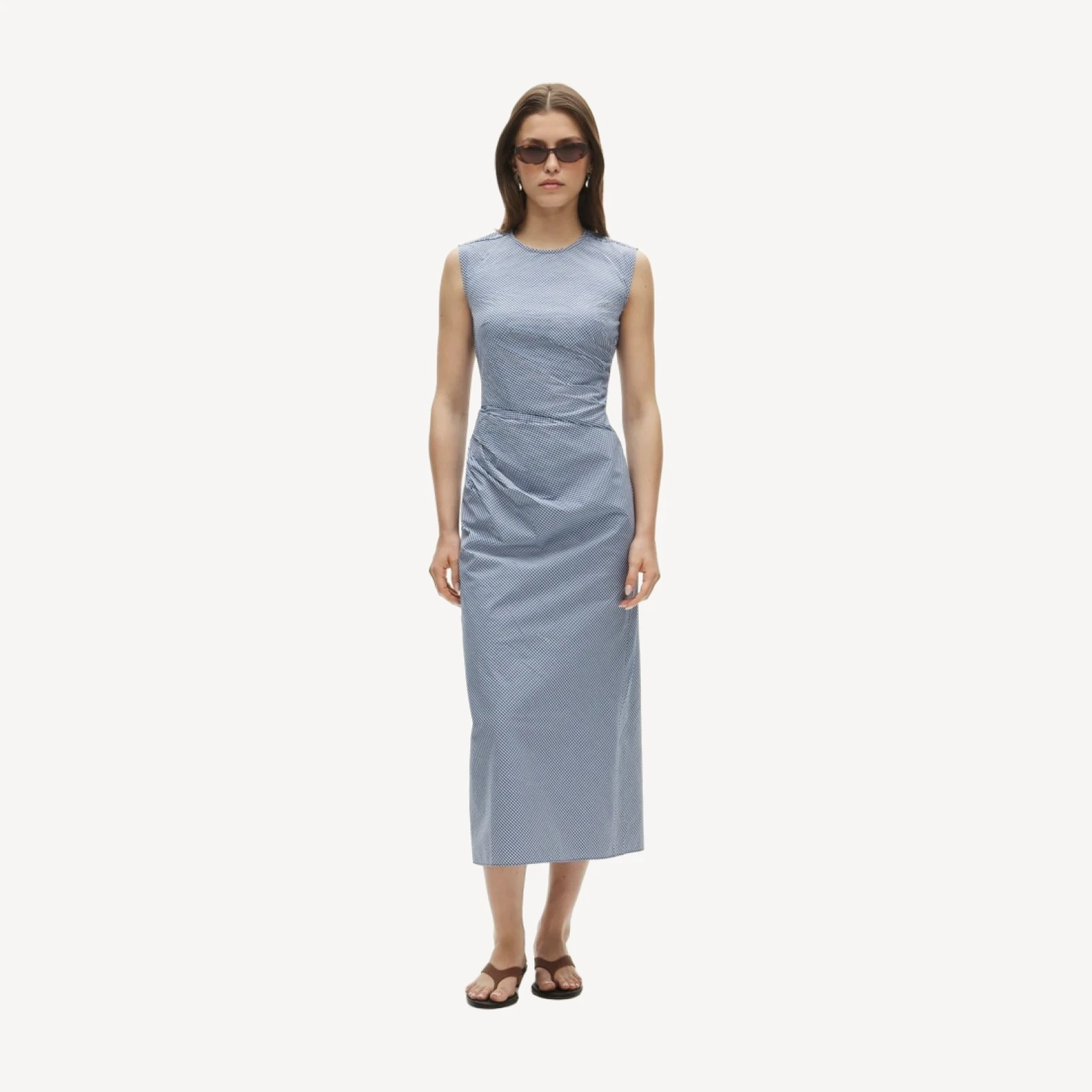 Ruched midi dress in stretch cotton-blend poplin