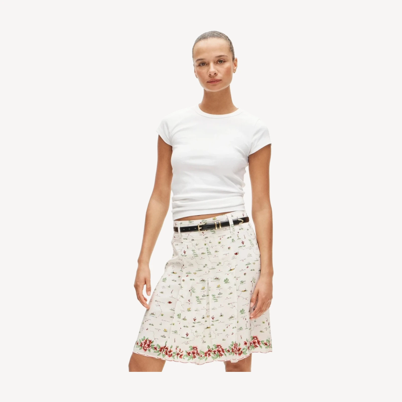 Pleated knee-length skirt in map print
