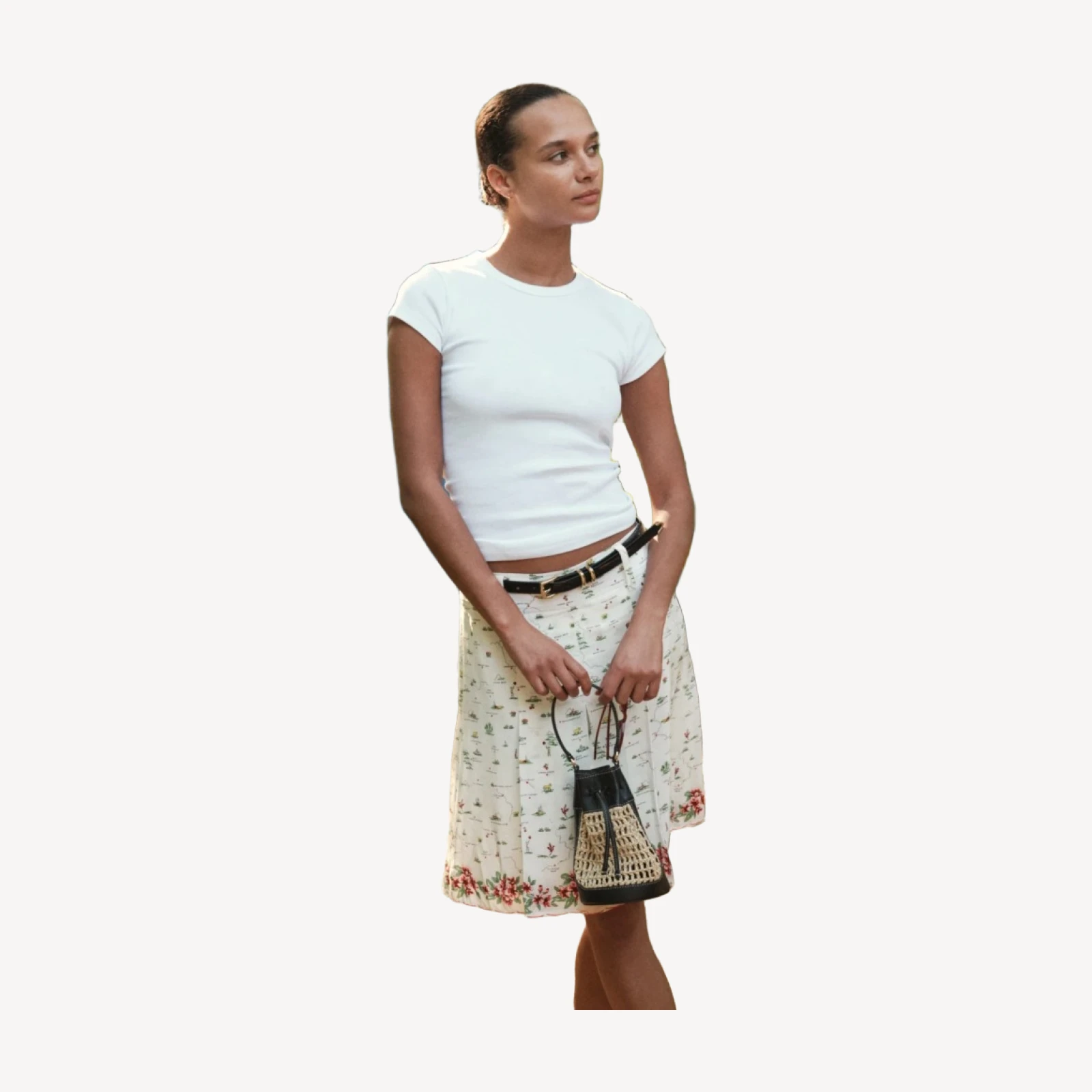 Pleated knee-length skirt in map print
