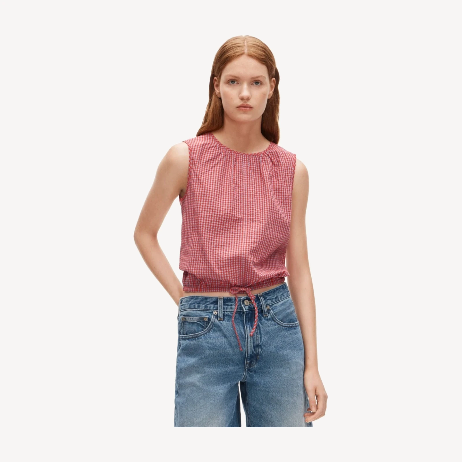 Drawstring-waist tank top in gingham dobby