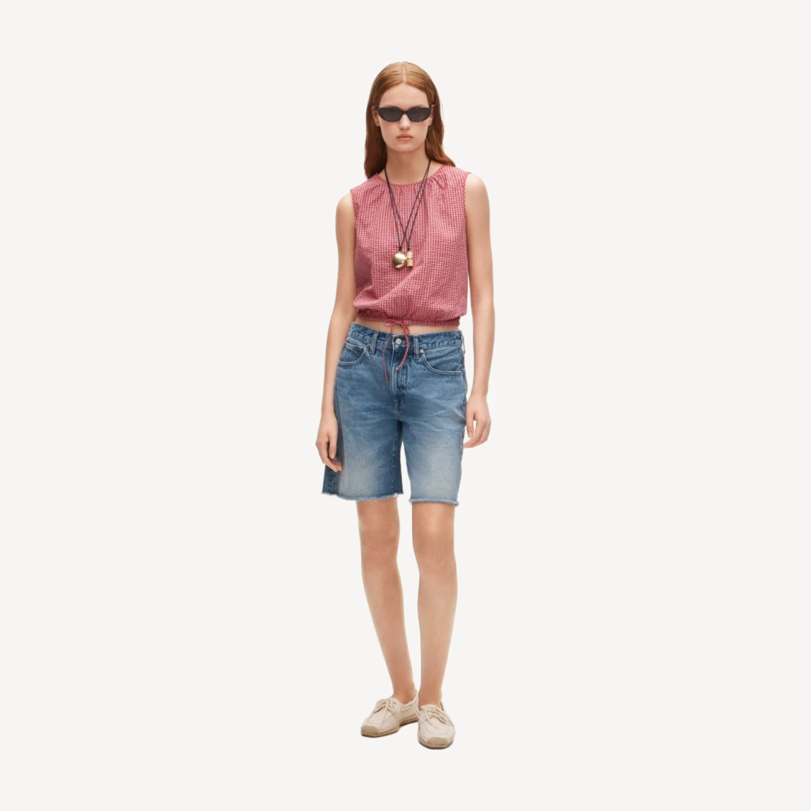 Drawstring-waist tank top in gingham dobby