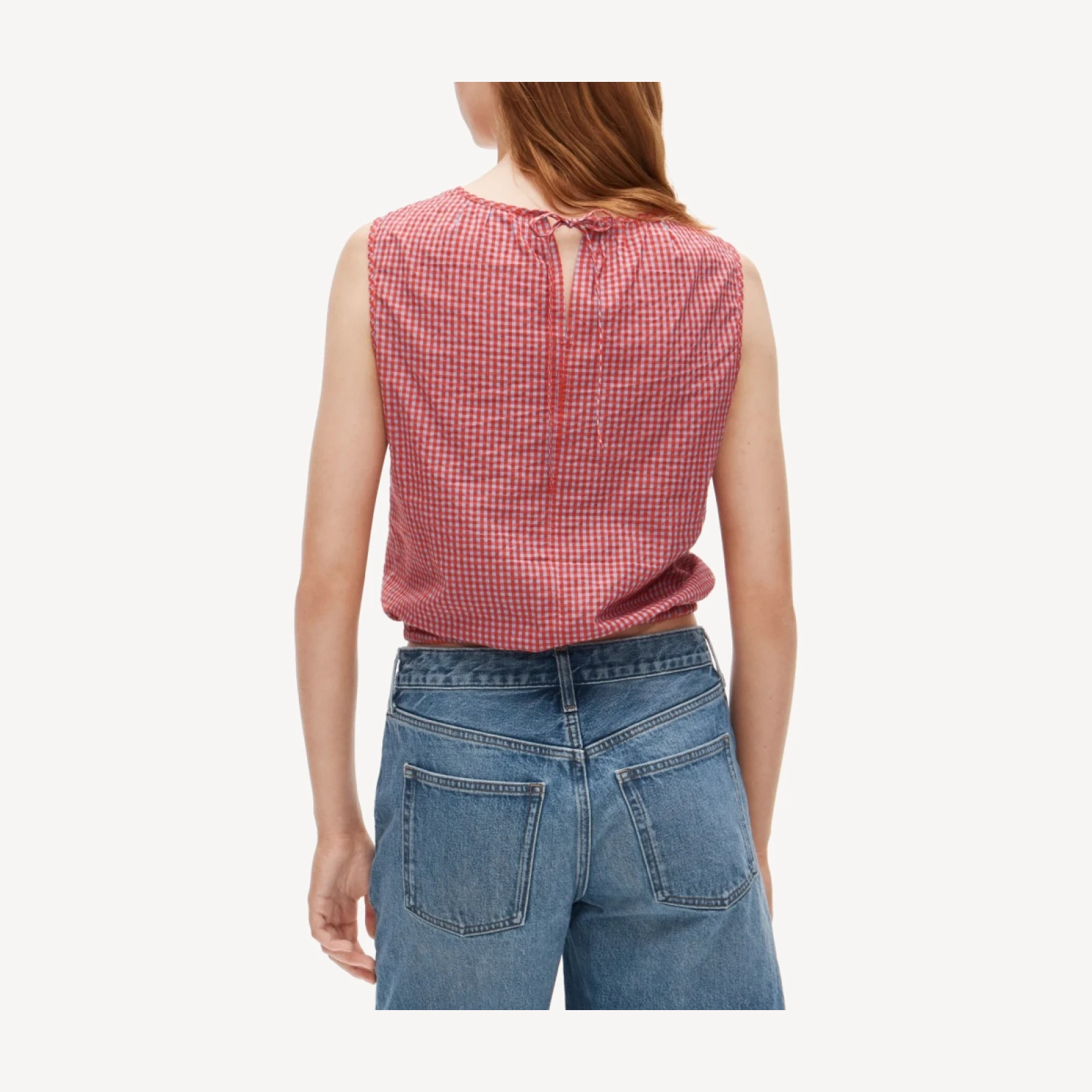Drawstring-waist tank top in gingham dobby