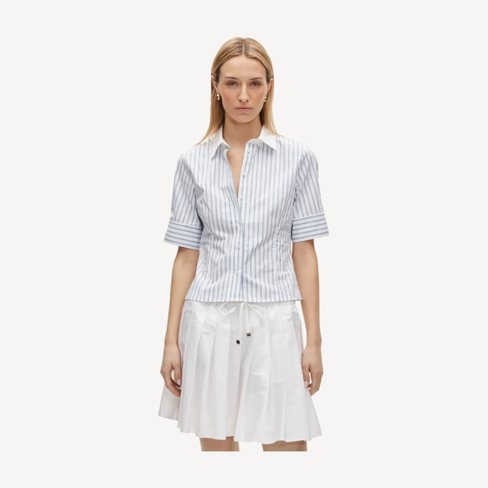 Eleanor slim-fit elbow-sleeve button-up shirt in striped cotton poplin