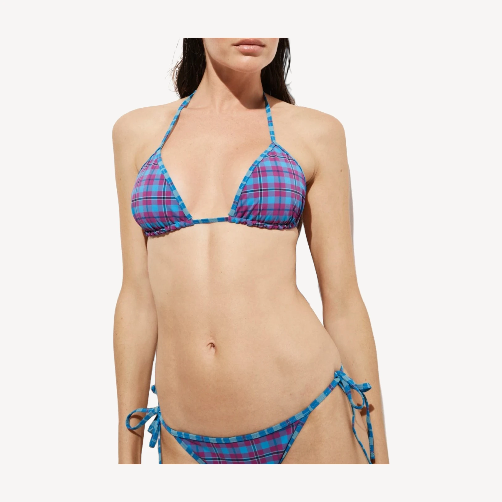 Perfect string bikini top in reversible plaid print