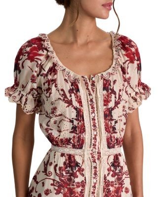 Alice and Olivia Mclaine Embroidered Puff Sleeve Button Down Tiered Mini Dress