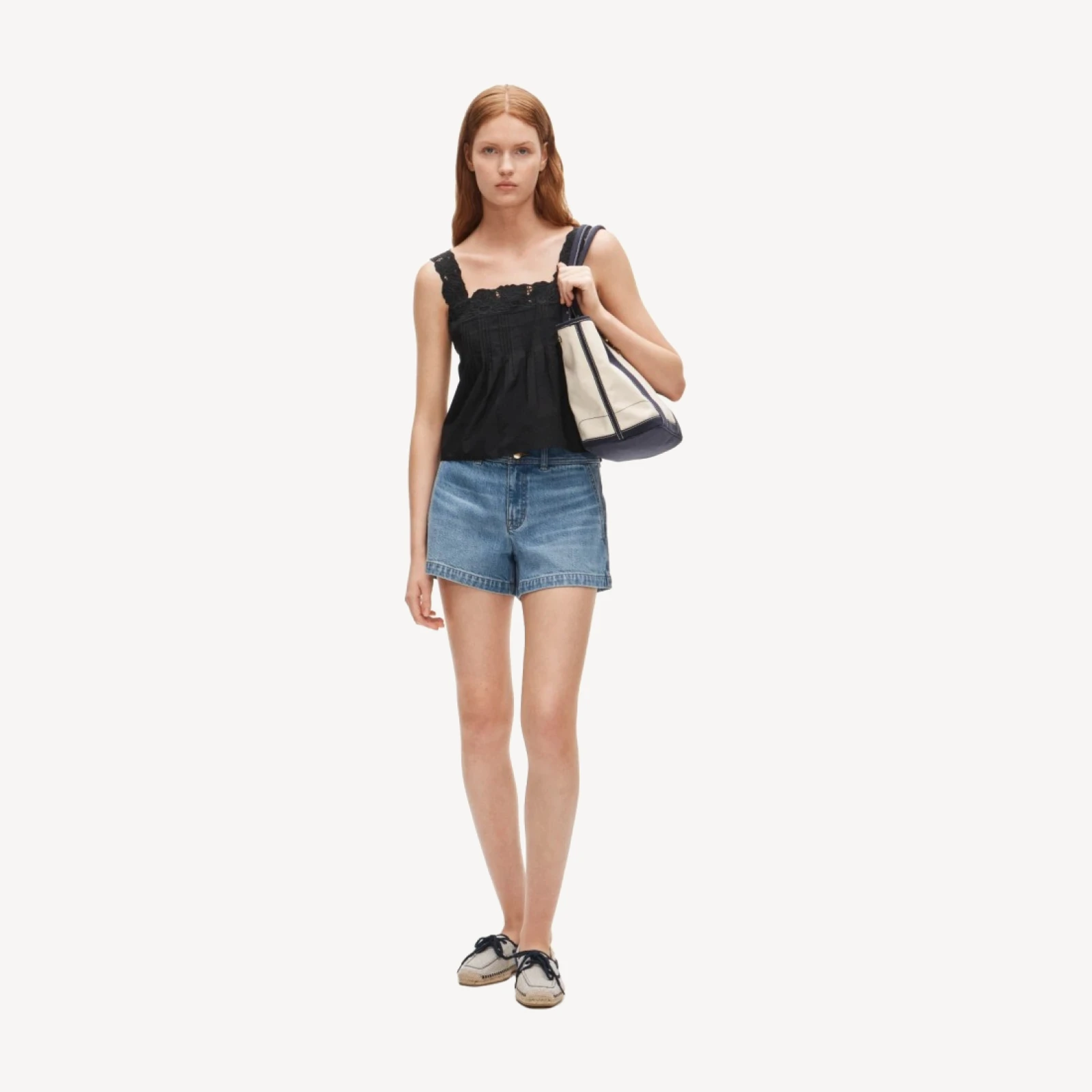Lace-trim tank top in compact poplin