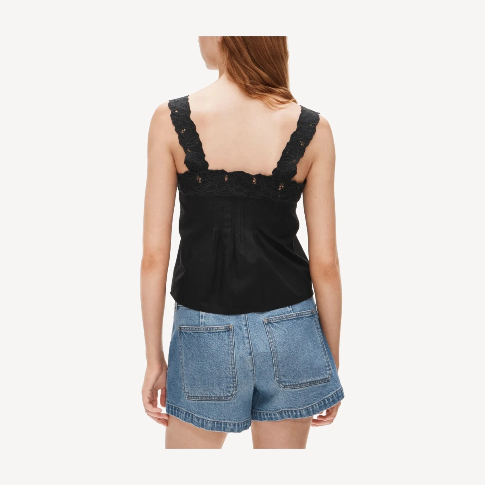 Lace-trim tank top in compact poplin