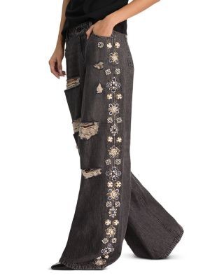 Alice and Olivia Amazing Cotton Low Rise Wide Leg Jeans in Georgia Vintage Black/Multi