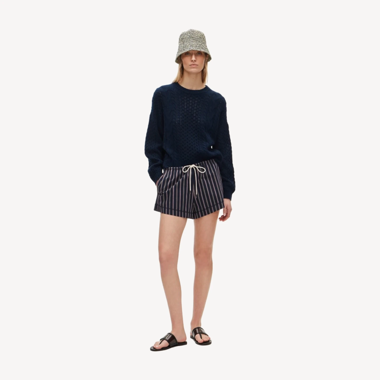 Cruise drawstring short in striped cotton poplin