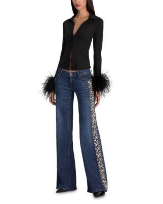 Alice and Olivia Emryn Ultra Low Rise Embellished Relaxed Flare Jeans in Georgetta Vintage Blue