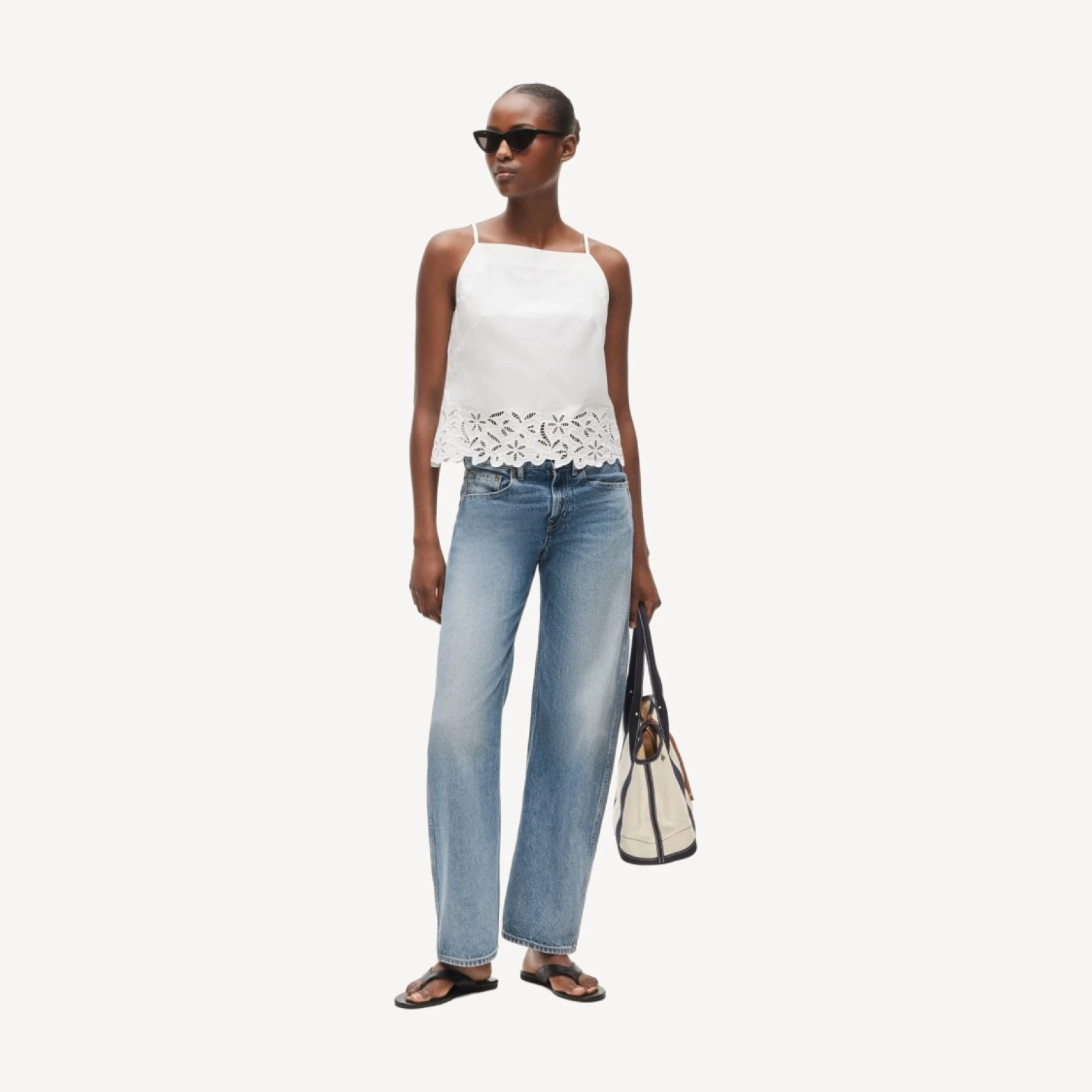 Embroidered high-neck top in cotton poplin