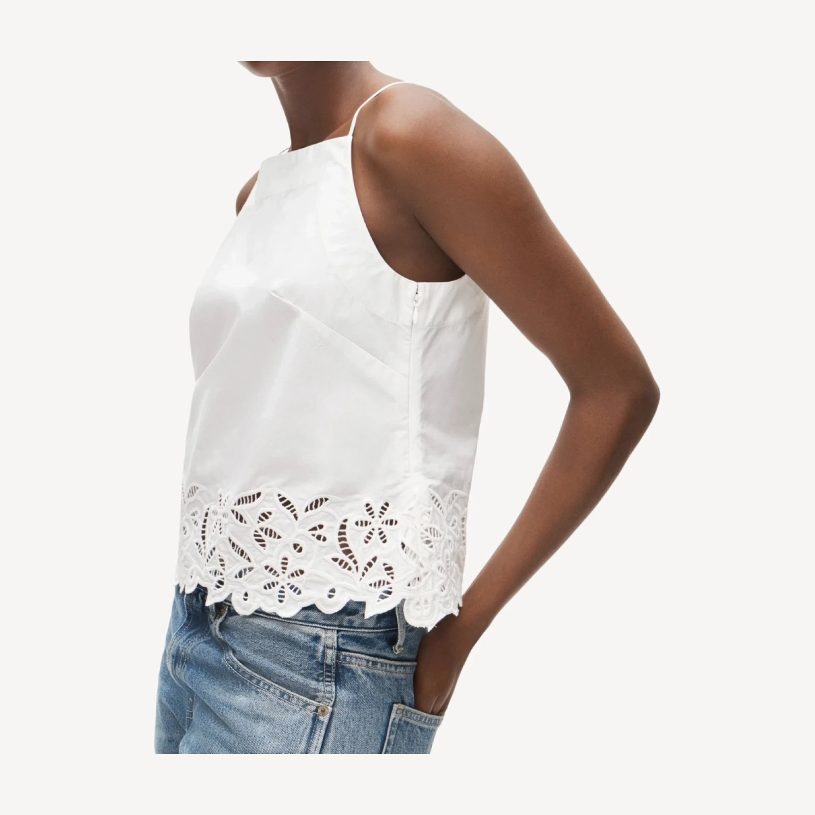 Embroidered high-neck top in cotton poplin