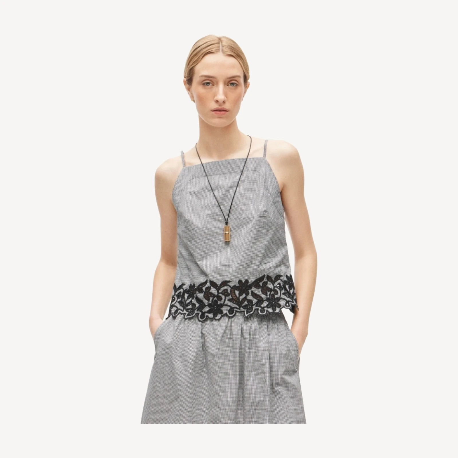 Embroidered high-neck top in cotton poplin gingham
