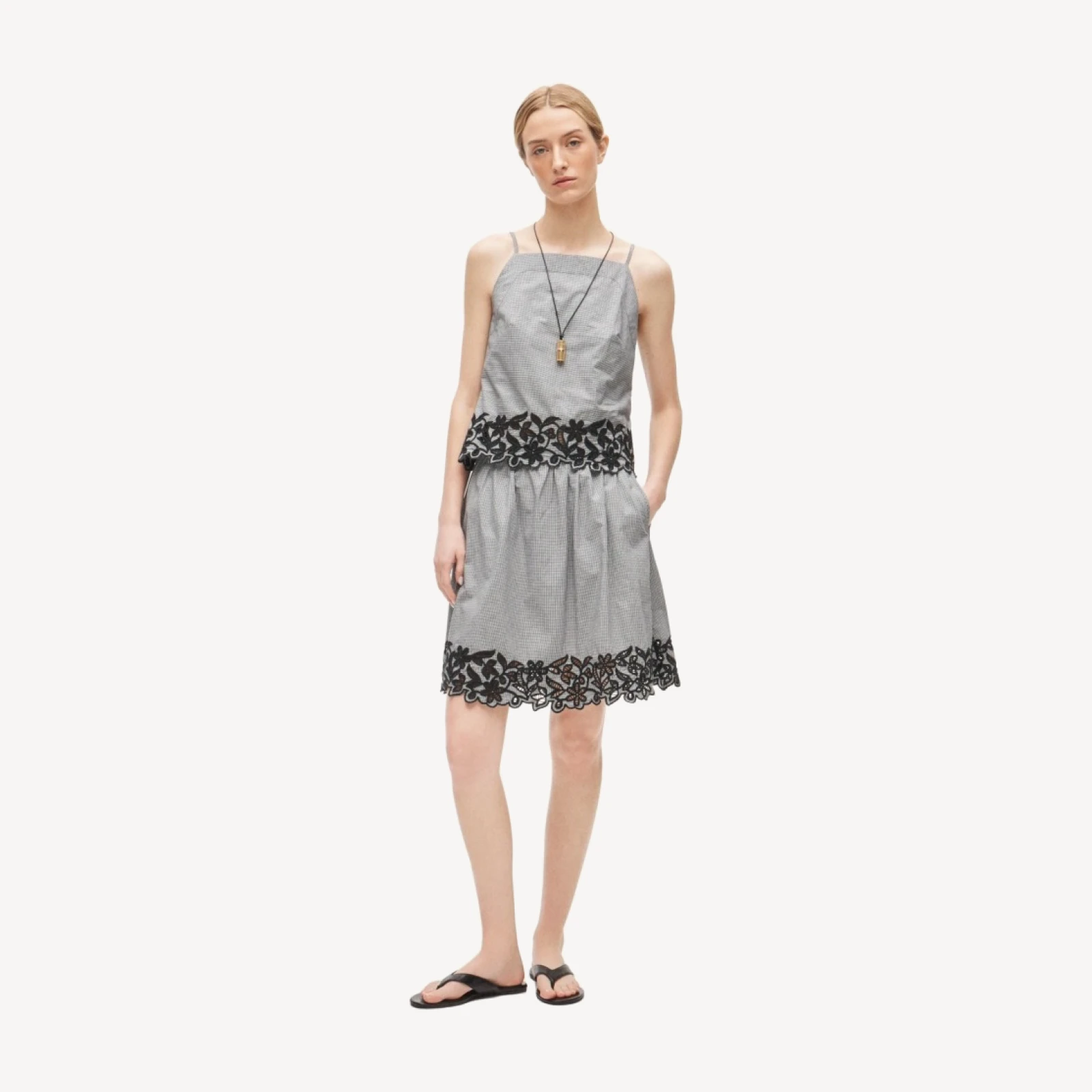 Embroidered high-neck top in cotton poplin gingham
