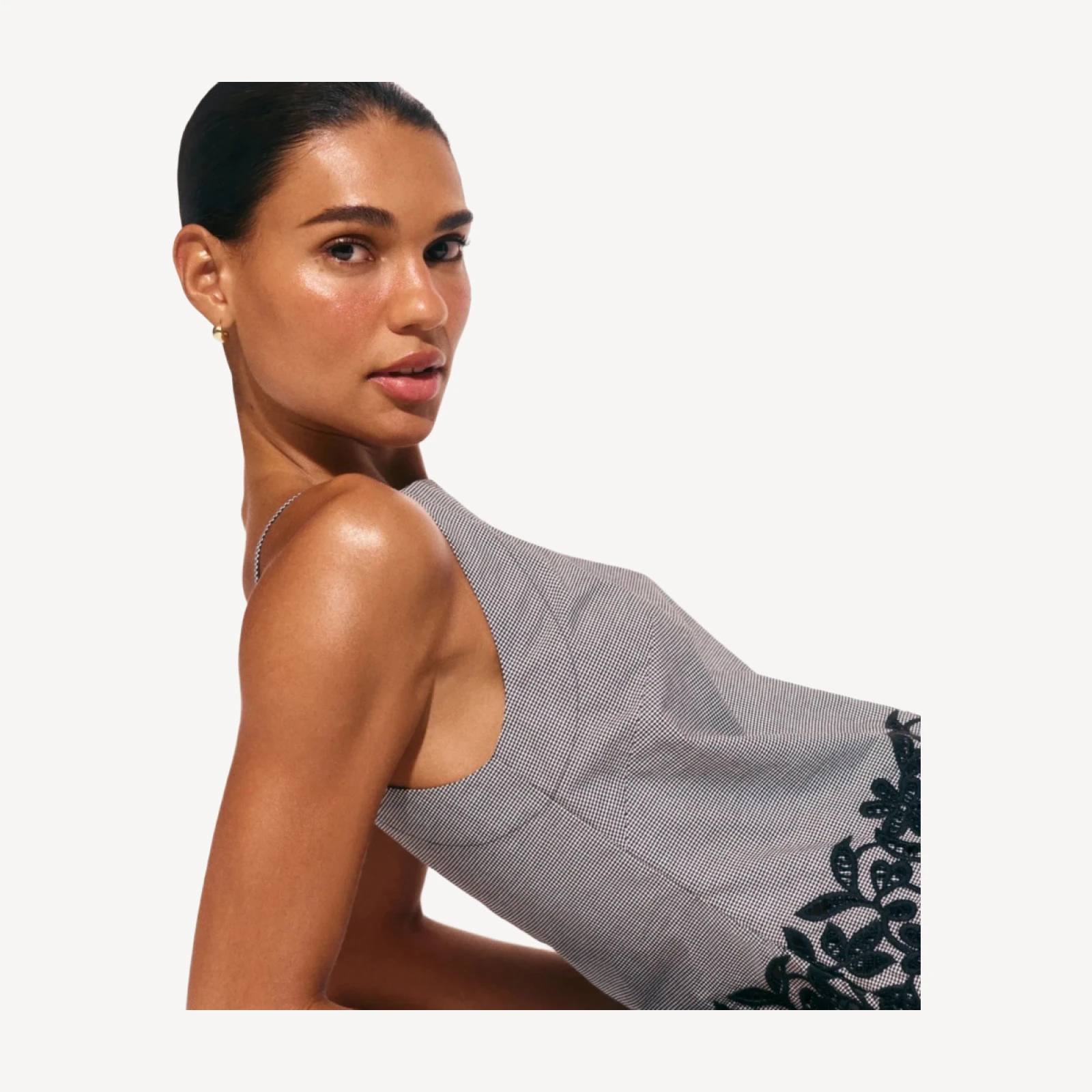 Embroidered high-neck top in cotton poplin gingham