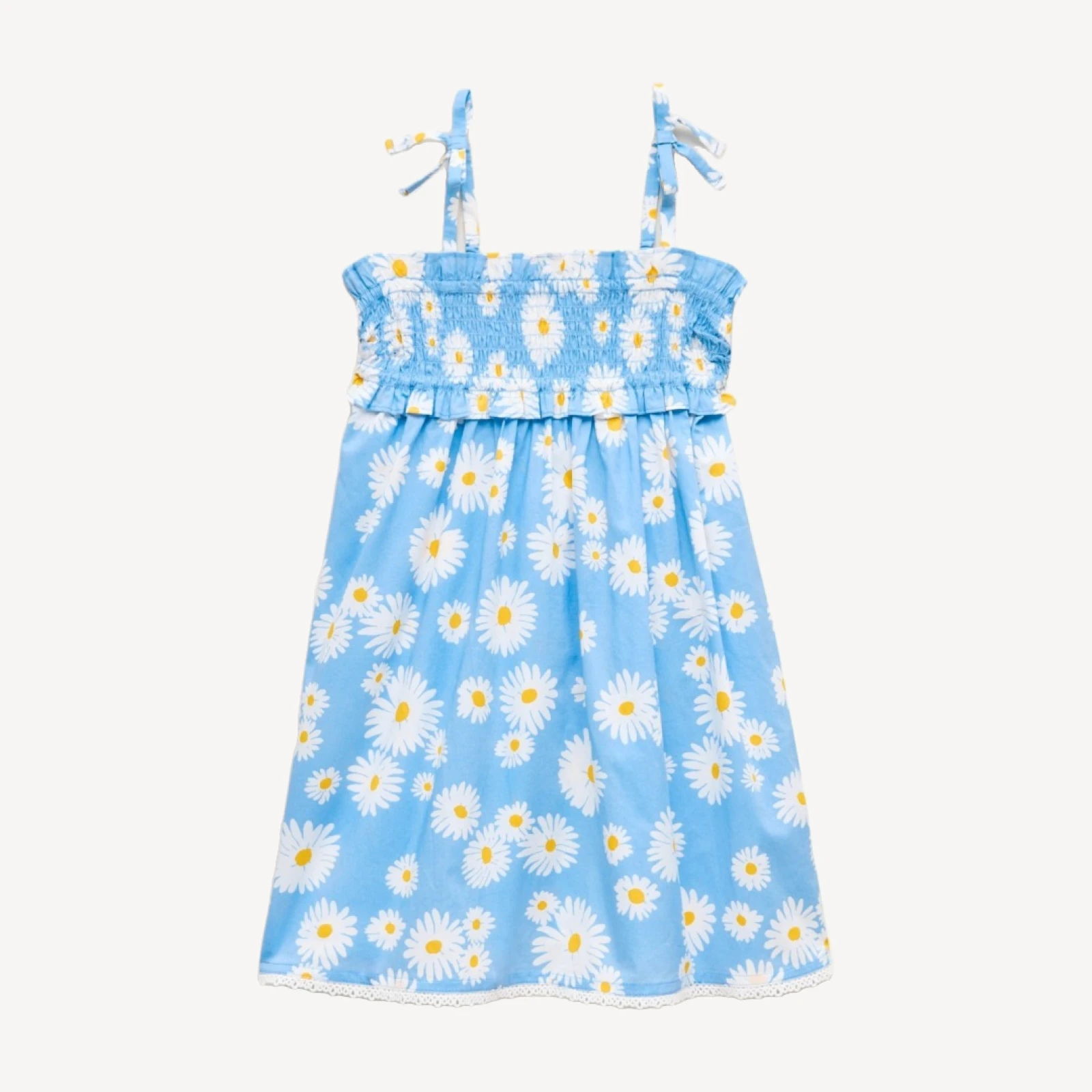 Girls' smocked tie-shoulder dress in vintage daisy print