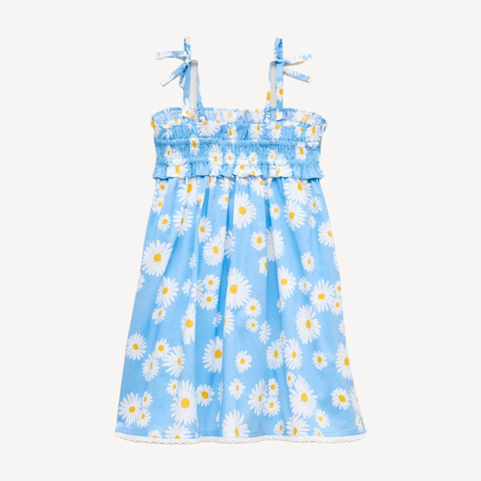 Girls' smocked tie-shoulder dress in vintage daisy print