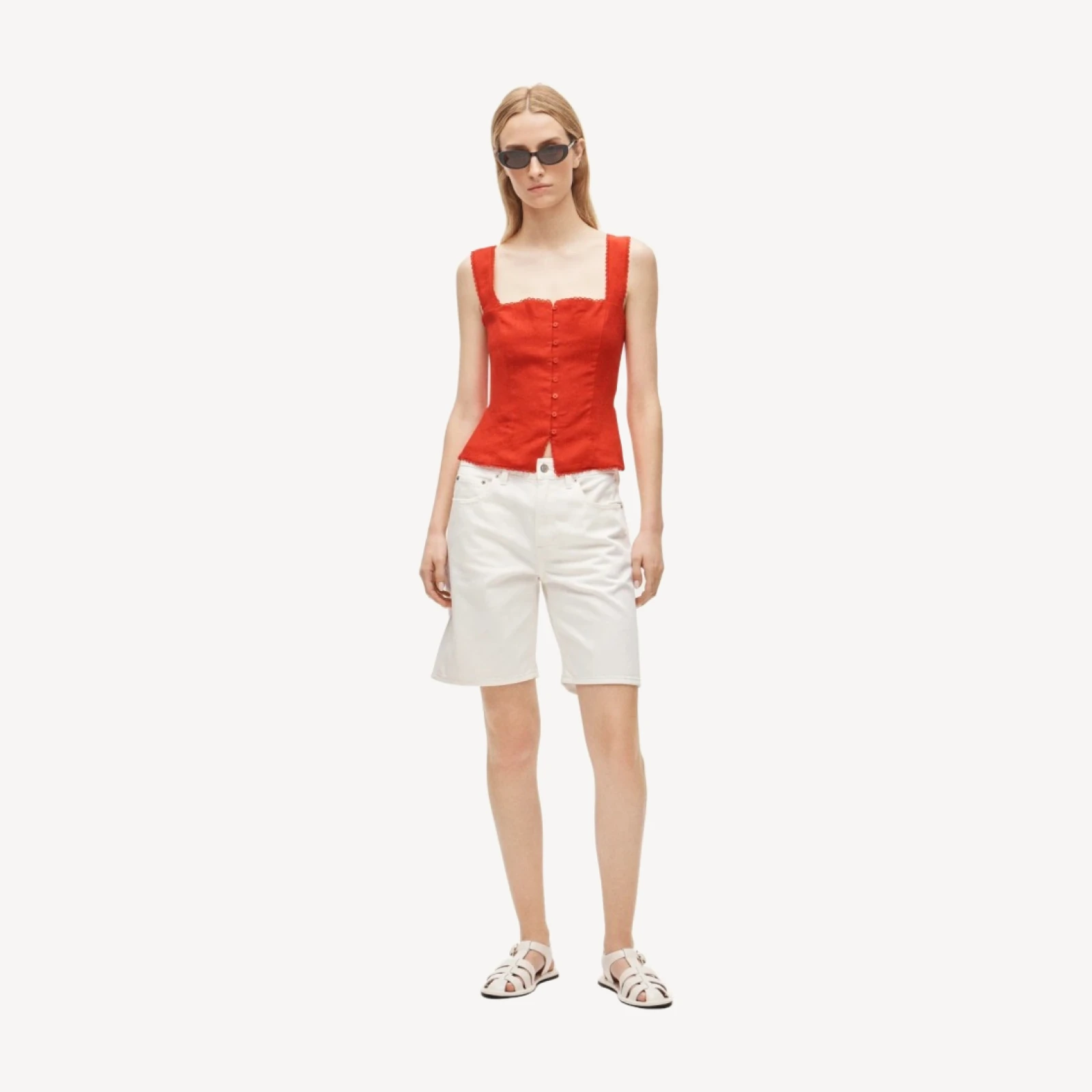 Lace-trim button-up tank top in linen