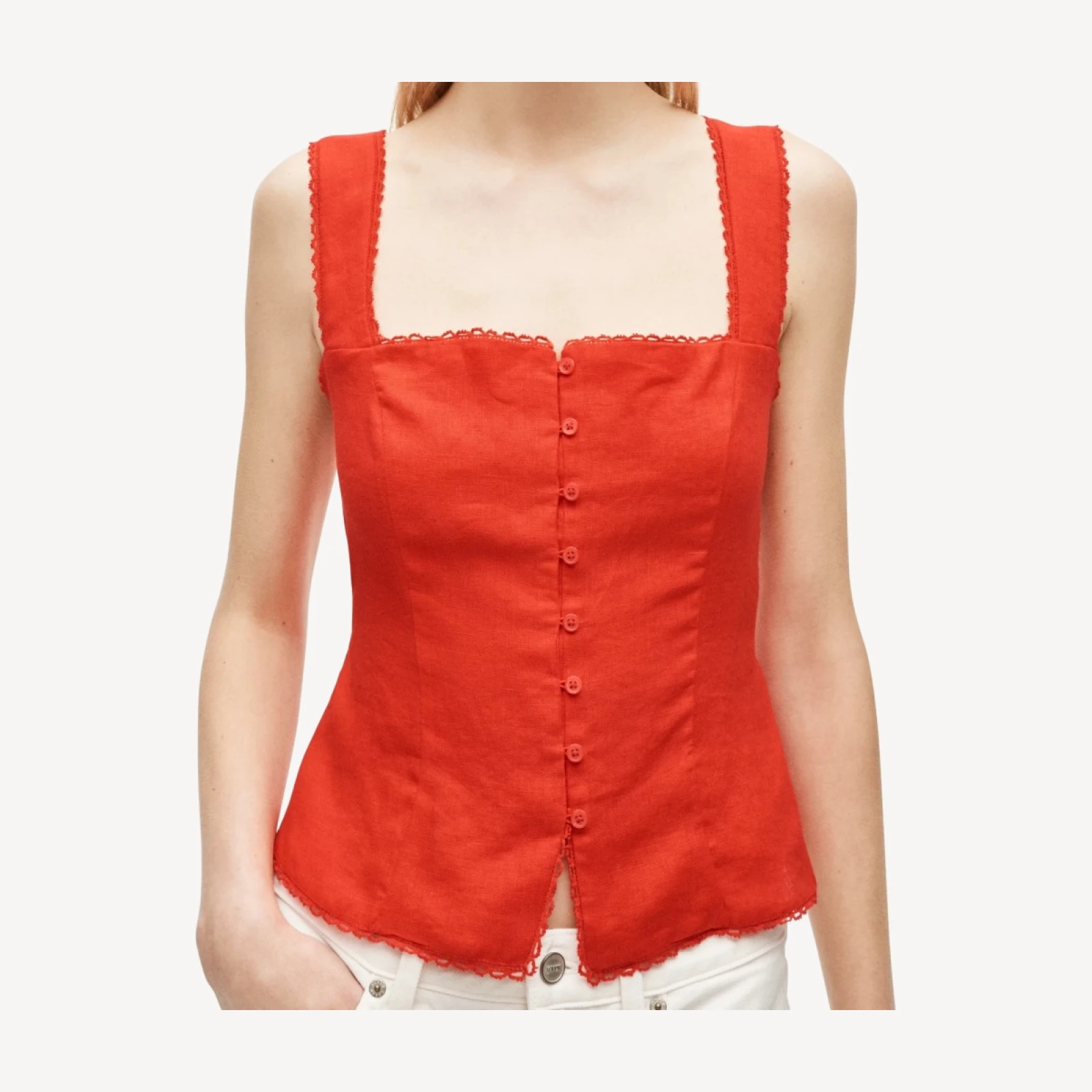 Lace-trim button-up tank top in linen