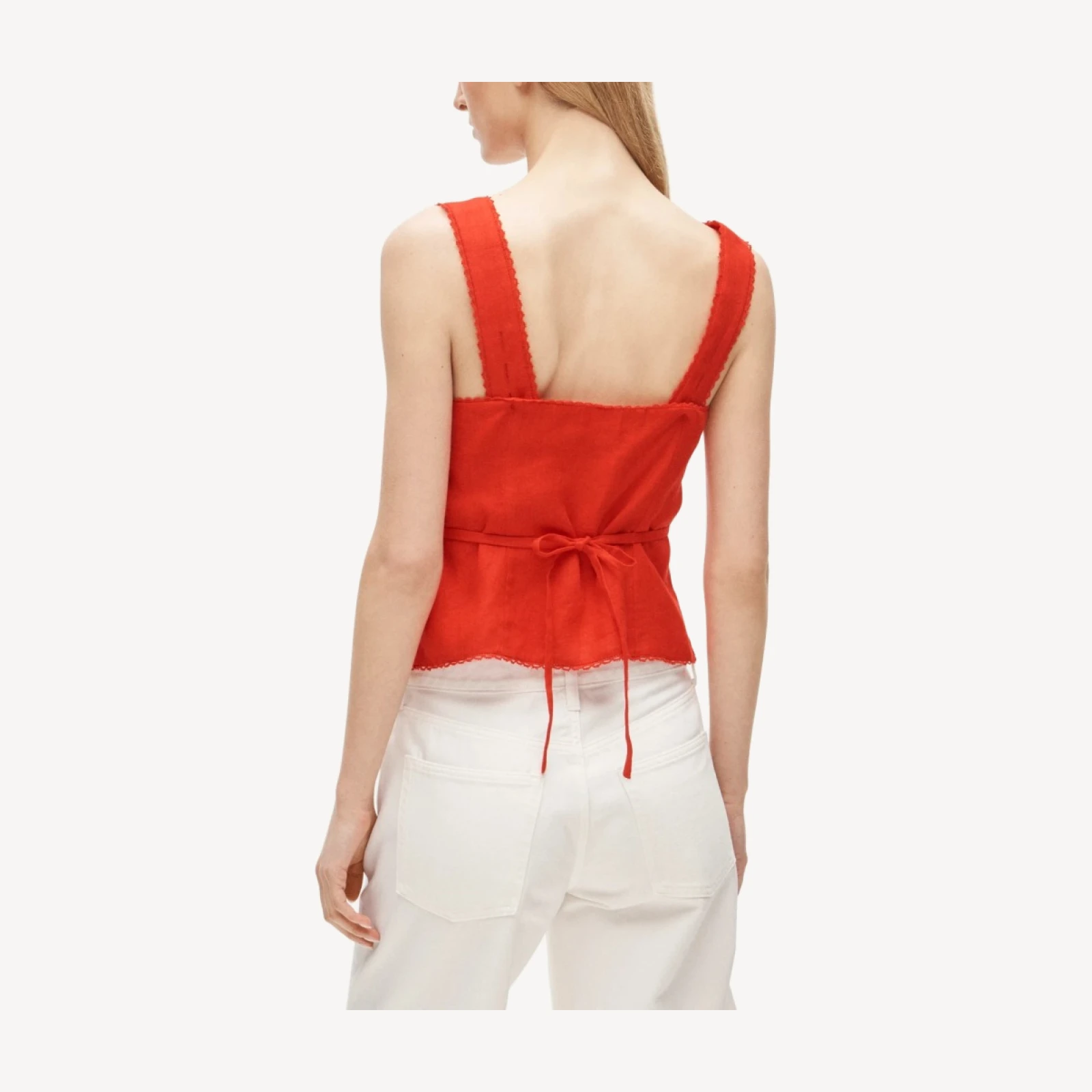 Lace-trim button-up tank top in linen