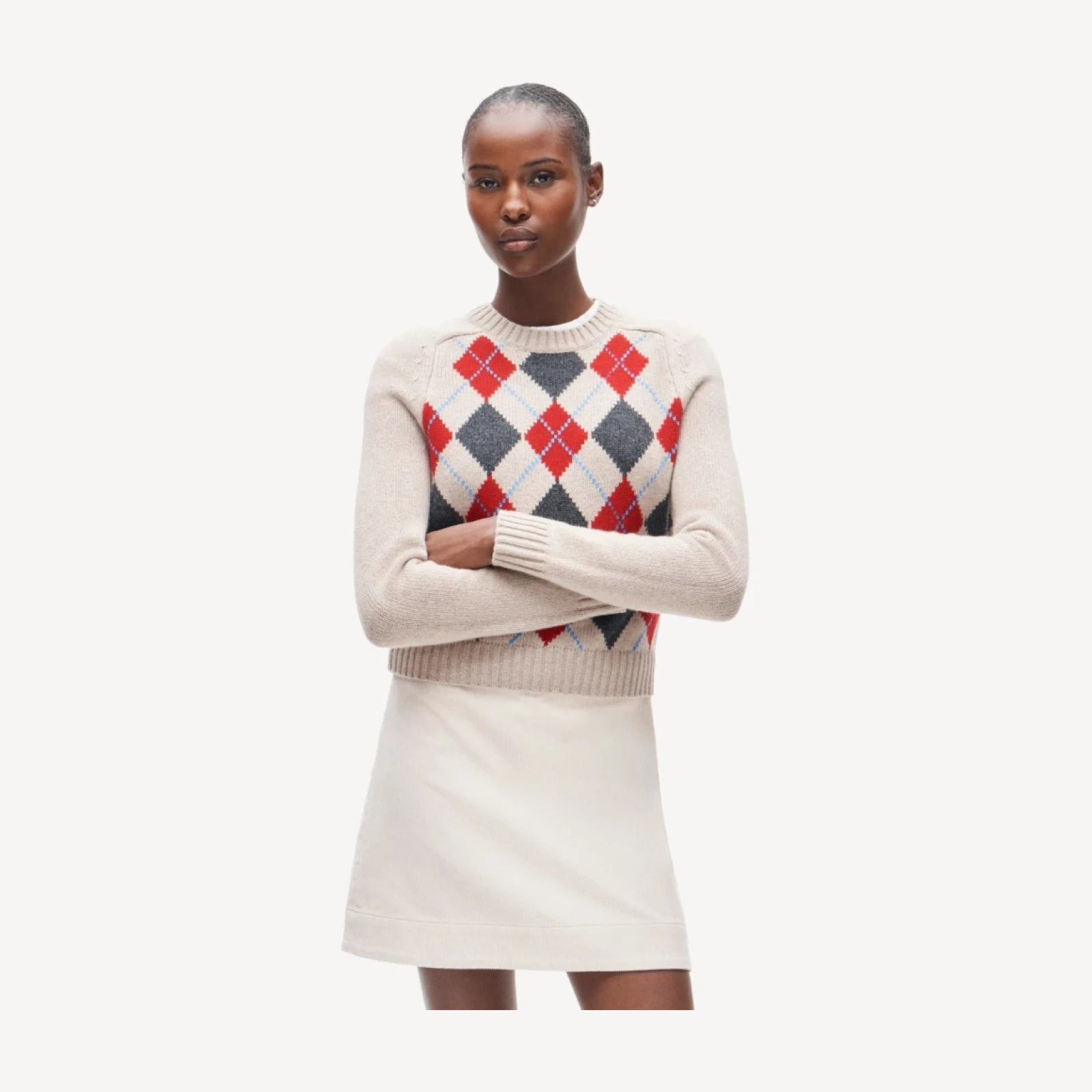 Shrunken crewneck sweater in argyle vintage wool