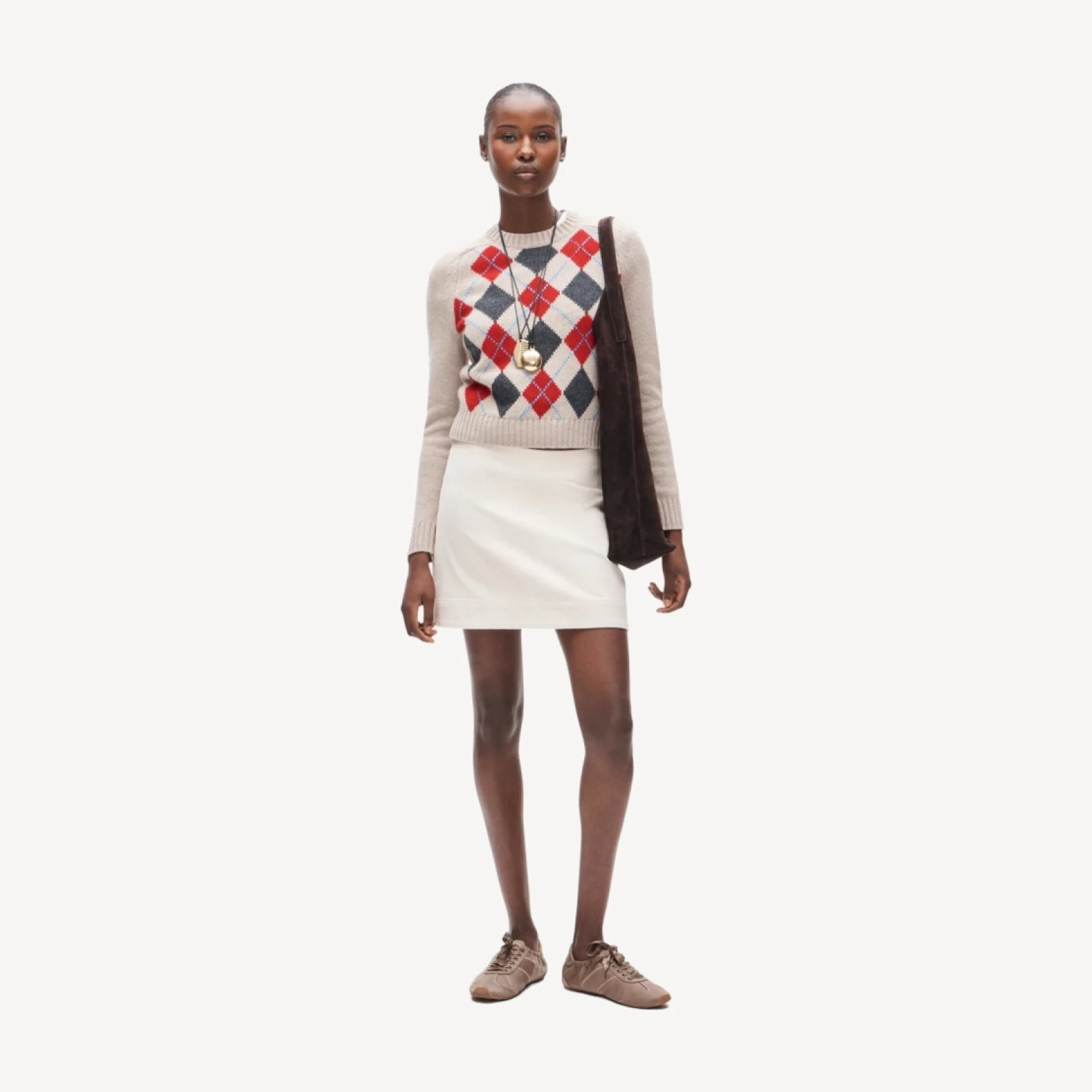 Shrunken crewneck sweater in argyle vintage wool
