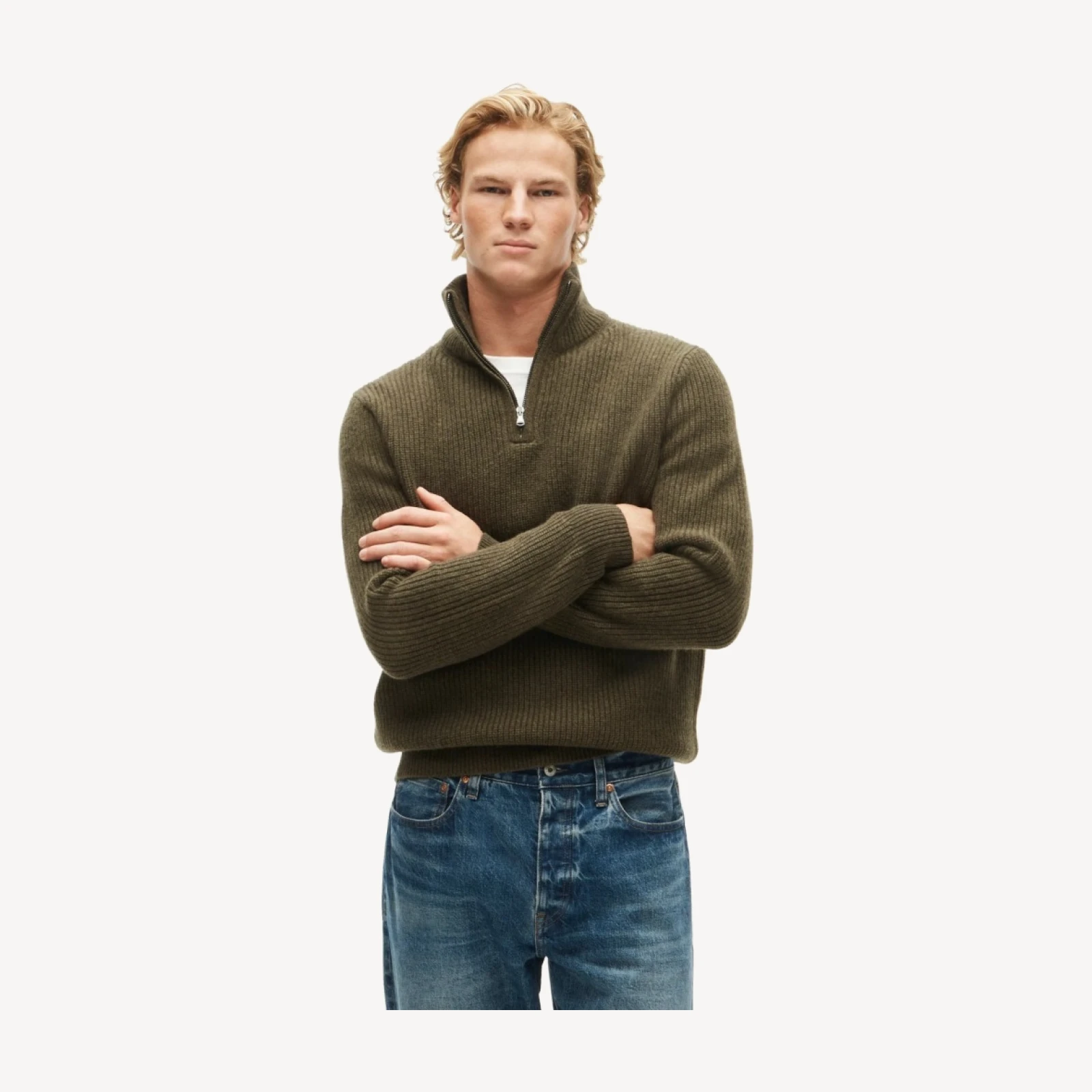 Quarter-zip sweater in ribbed wool