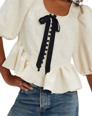 Free People Pamela Embroidered Bow Trim Top