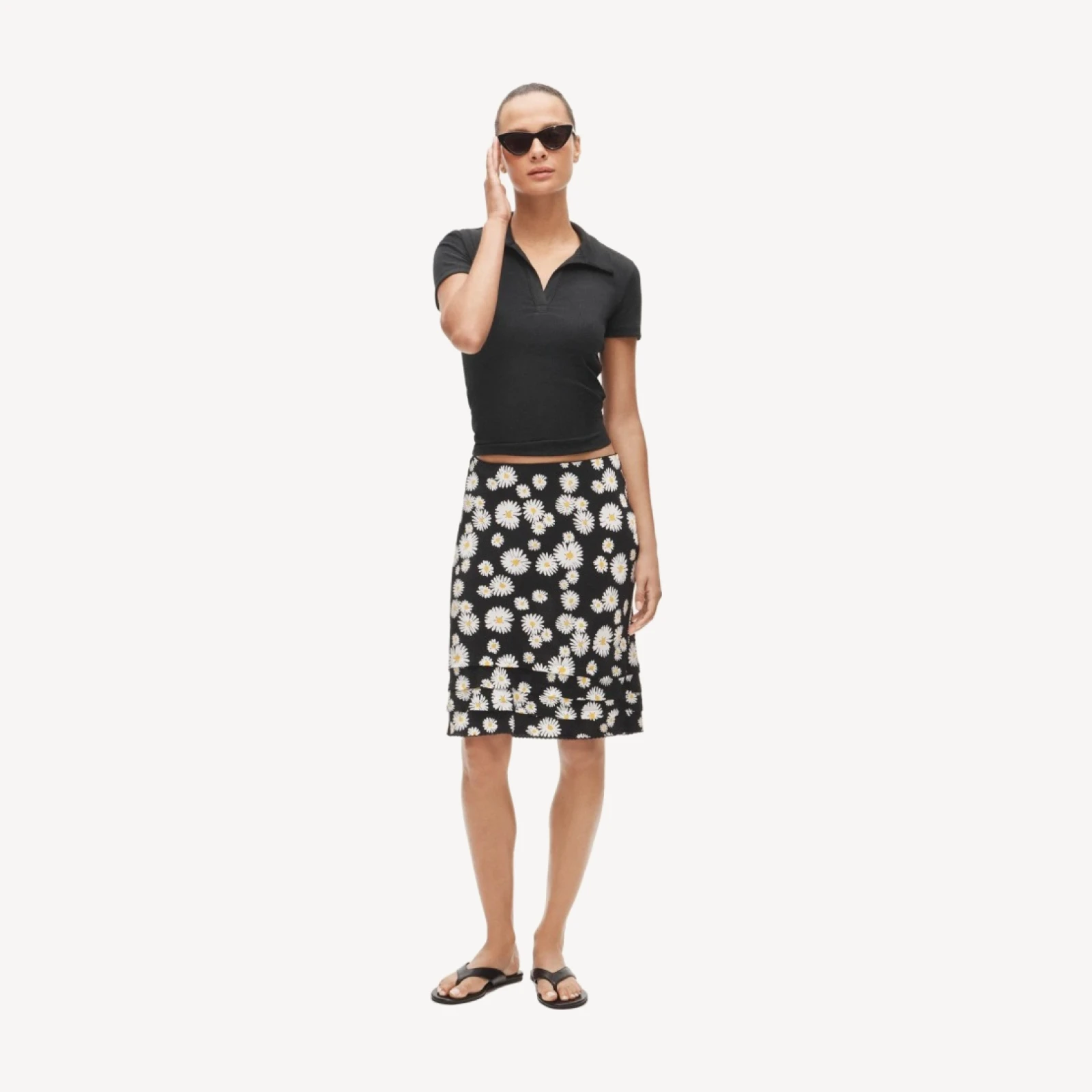 Ruffle-trim slip skirt in vintage daisy-print crepe de chine